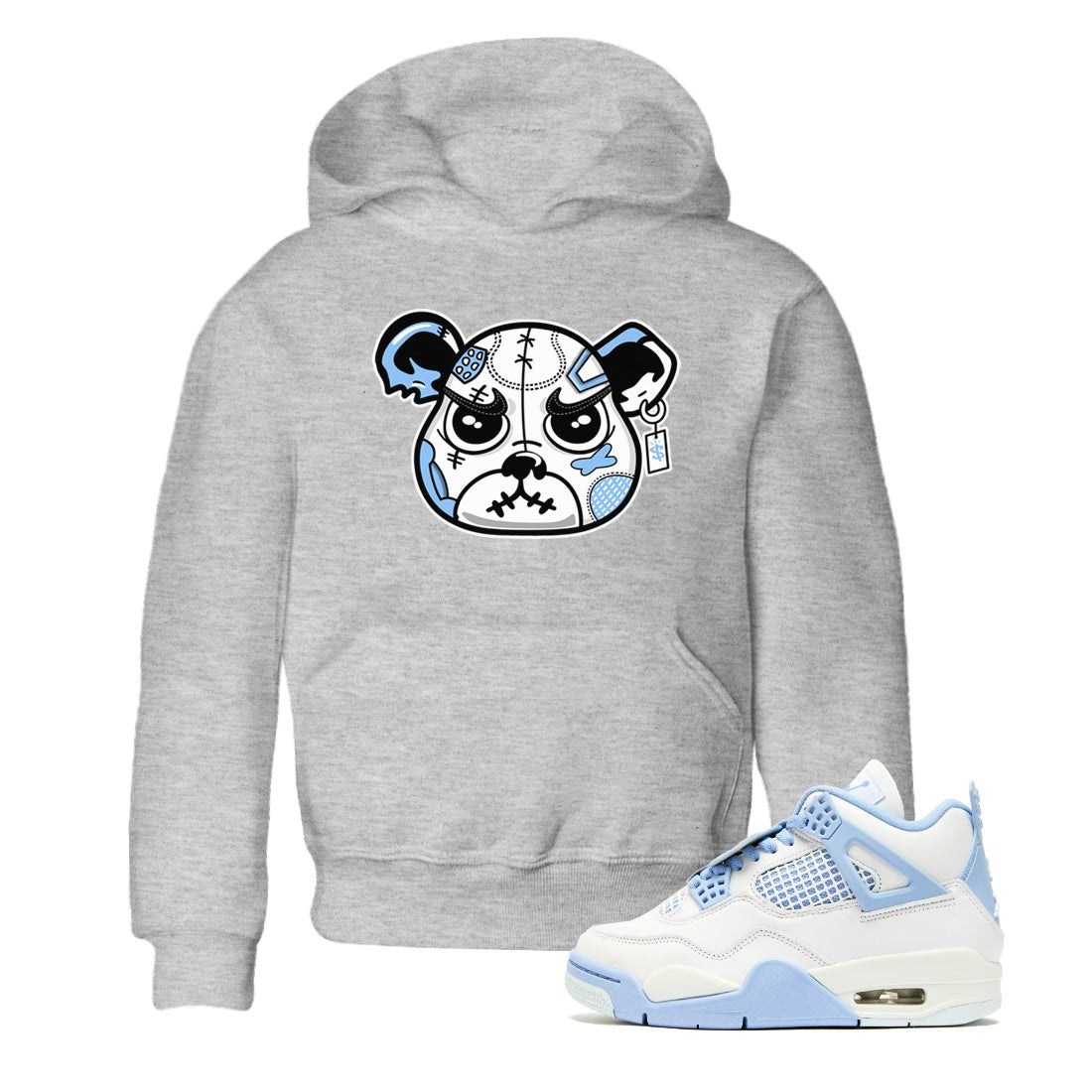 Sneaker Bear Face baby and kids t-shirt crafted for little sneakerheads to shine with the Air Jordan 4 Aluminum sneakers, displayed in Heather Grey 1.