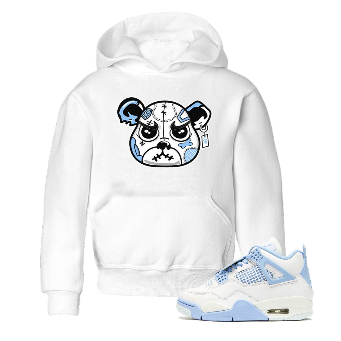 Sneaker Bear Face baby and kids t-shirt crafted for little sneakerheads to shine with the Air Jordan 4 Aluminum sneakers, displayed in White 1.