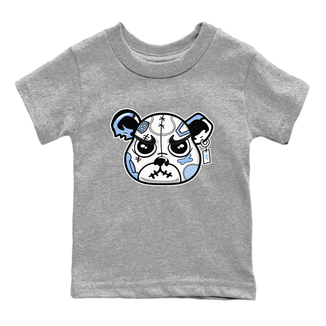Sneaker Bear Face baby and kids t-shirt crafted for little sneakerheads to shine with the Air Jordan 4 Aluminum sneakers, displayed in Heather Grey 2.