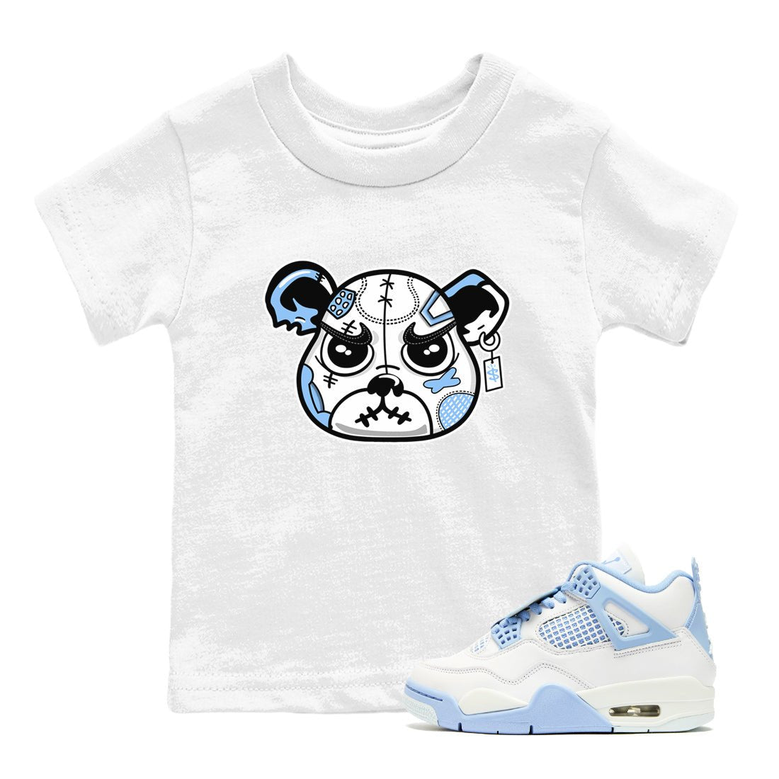 Sneaker Bear Face baby and kids t-shirt crafted for little sneakerheads to shine with the Air Jordan 4 Aluminum sneakers, displayed in White 1.