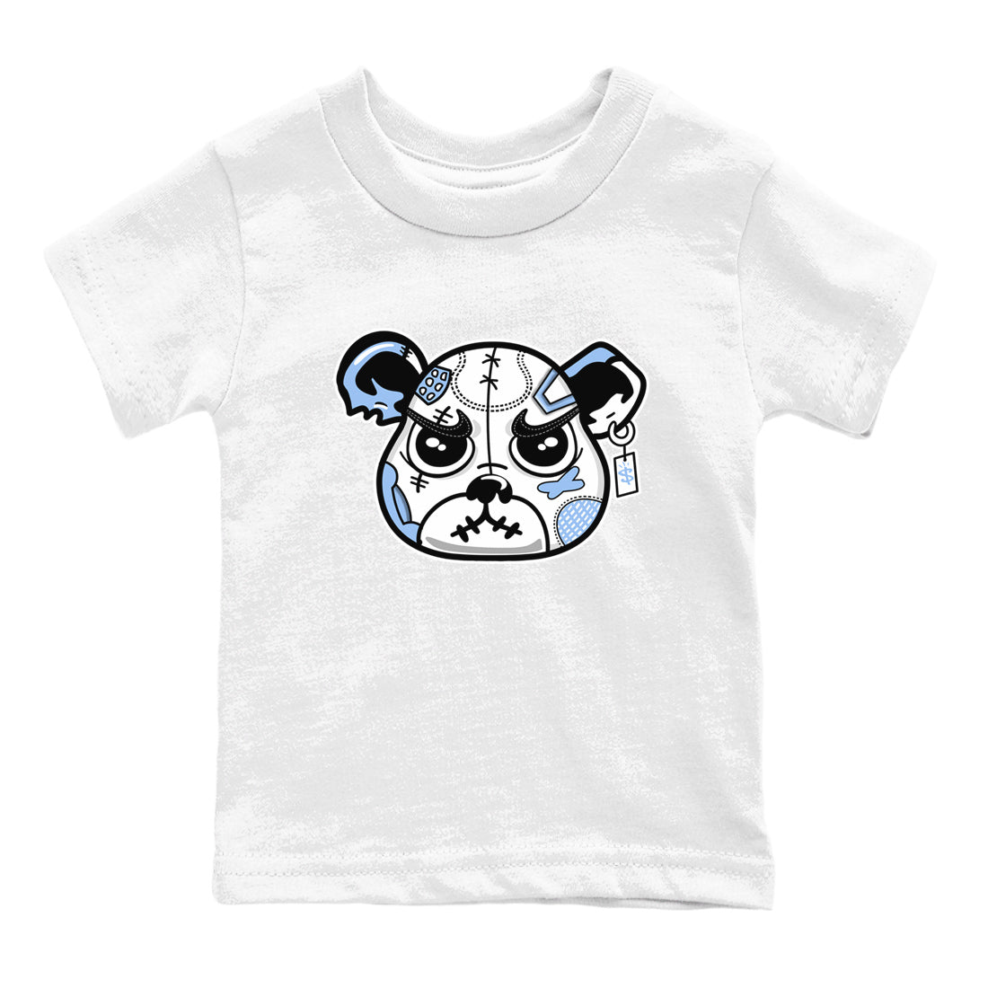 Sneaker Bear Face baby and kids t-shirt crafted for little sneakerheads to shine with the Air Jordan 4 Aluminum sneakers, displayed in White 2.