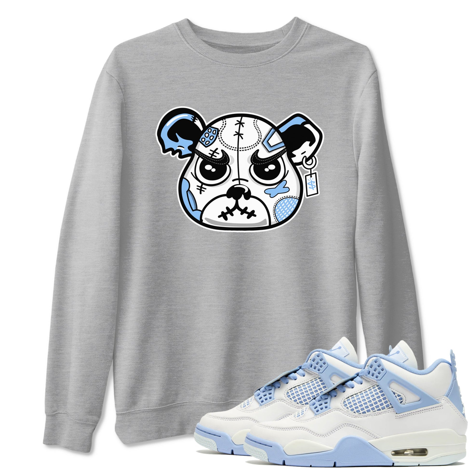 Sneaker Bear Face sneaker match t-shirt styled to complete your fit with the Air Jordan 4 Aluminum sneakers, shown in Heather Grey 1.