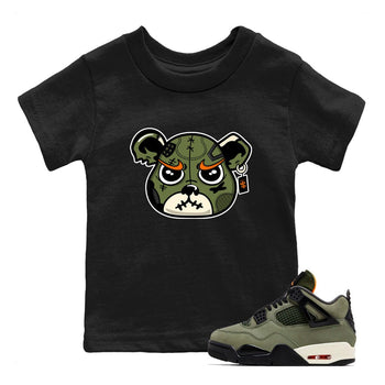Sneaker match tees – Sneaker Tees To Match Undefeated inspired colorways Air Jordan 4 OG Olive Shoes  – Sneaker Bear Face Kids T-Shirt Black 1