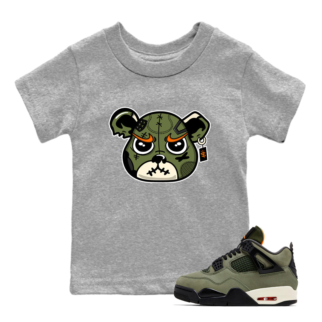 Sneaker match tees – Sneaker Tees To Match Undefeated inspired colorways Air Jordan 4 OG Olive Shoes  – Sneaker Bear Face Kids T-Shirt Heather Grey 1