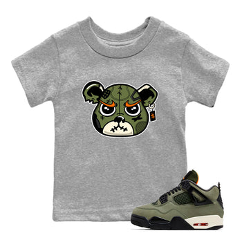 Sneaker match tees – Sneaker Tees To Match Undefeated inspired colorways Air Jordan 4 OG Olive Shoes  – Sneaker Bear Face Kids T-Shirt Heather Grey 1