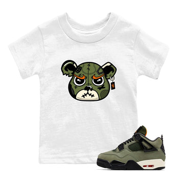 Sneaker match tees – Sneaker Tees To Match Undefeated inspired colorways Air Jordan 4 OG Olive Shoes  – Sneaker Bear Face Kids T-Shirt White 1