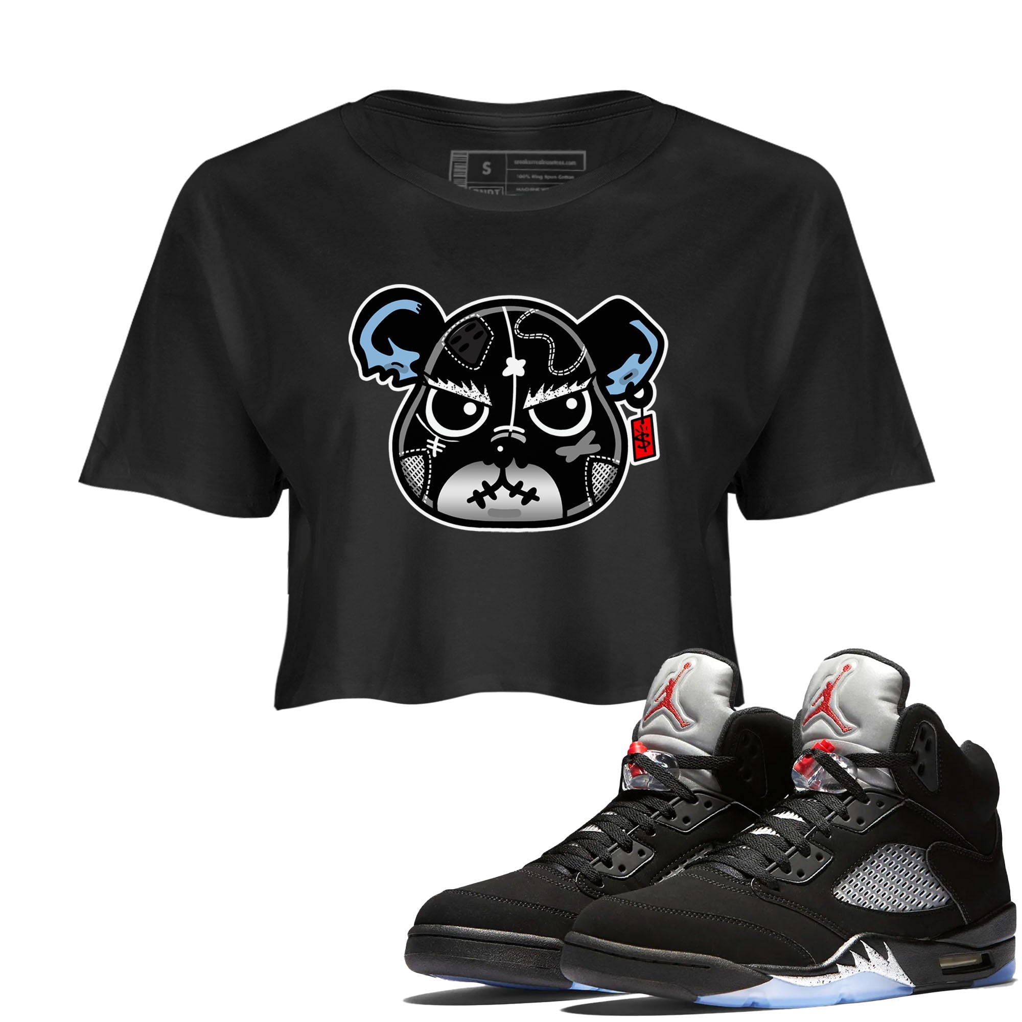 5s Black Metallic Reimagined shirts to match jordans Sneaker Bear Face best t shirts to wear with jordans Air Jordan 5 Reimagined match shoes to clothes SNRT Sneaker Tees unisex cotton Black 1 crop tee