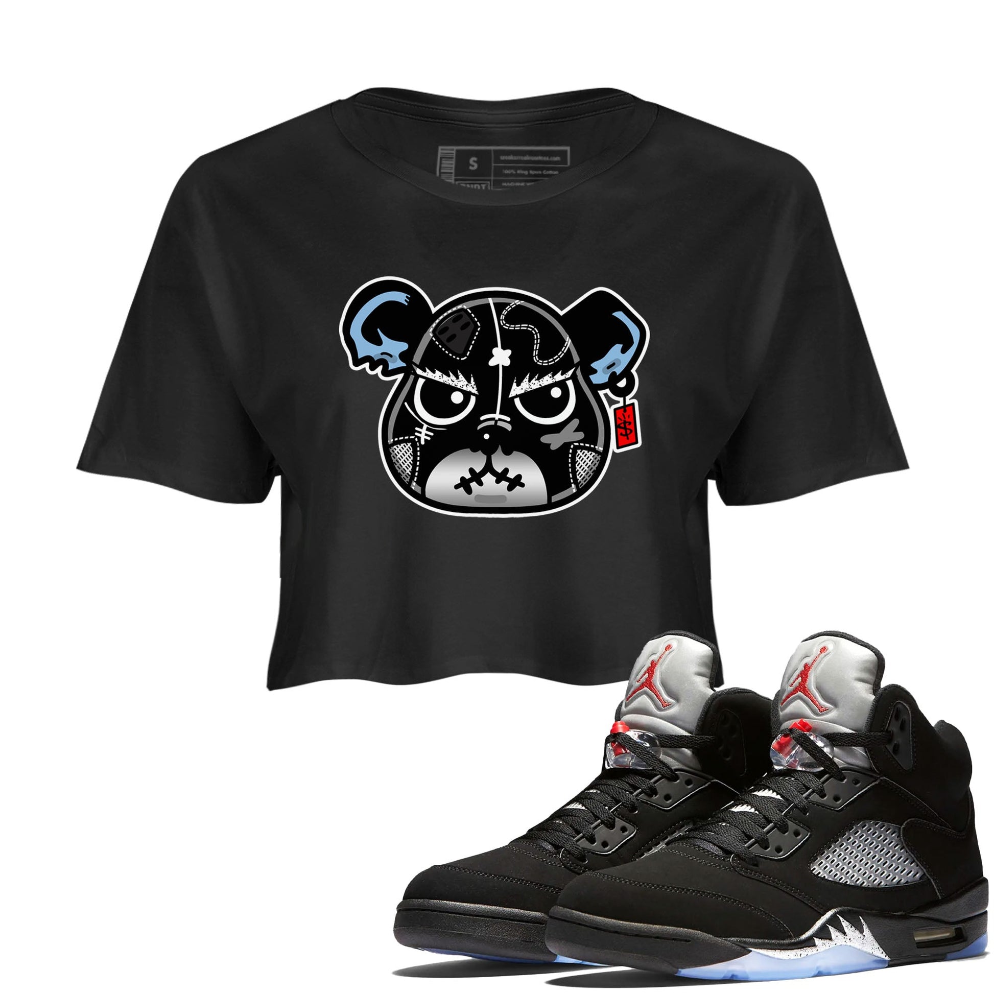 5s Black Metallic Reimagined shirts to match jordans Sneaker Bear Face best t shirts to wear with jordans Air Jordan 5 Reimagined match shoes to clothes SNRT Sneaker Tees unisex cotton Black 1 crop tee