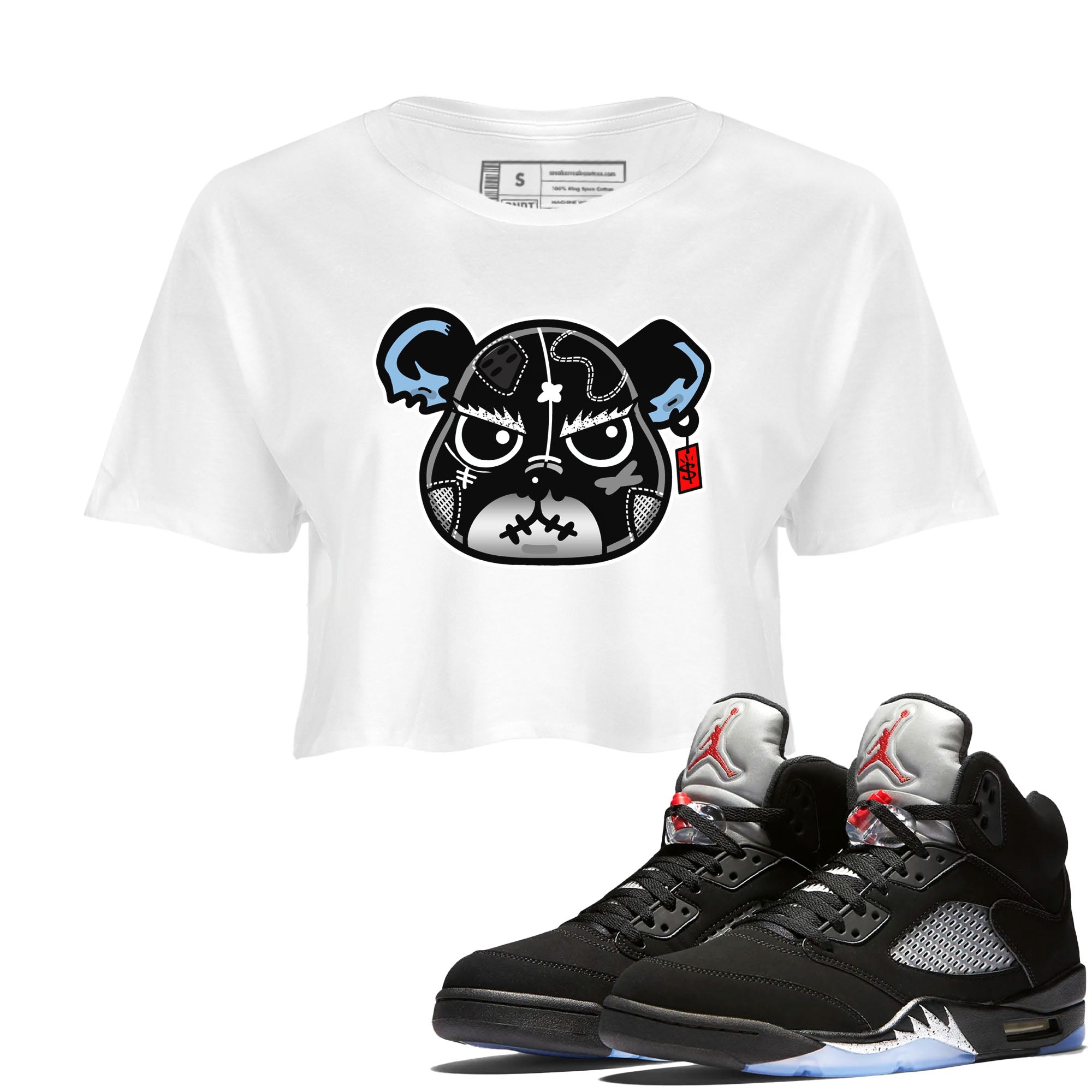 5s Black Metallic Reimagined shirts to match jordans Sneaker Bear Face best t shirts to wear with jordans Air Jordan 5 Reimagined match shoes to clothes SNRT Sneaker Tees unisex cotton White 1 crop tee