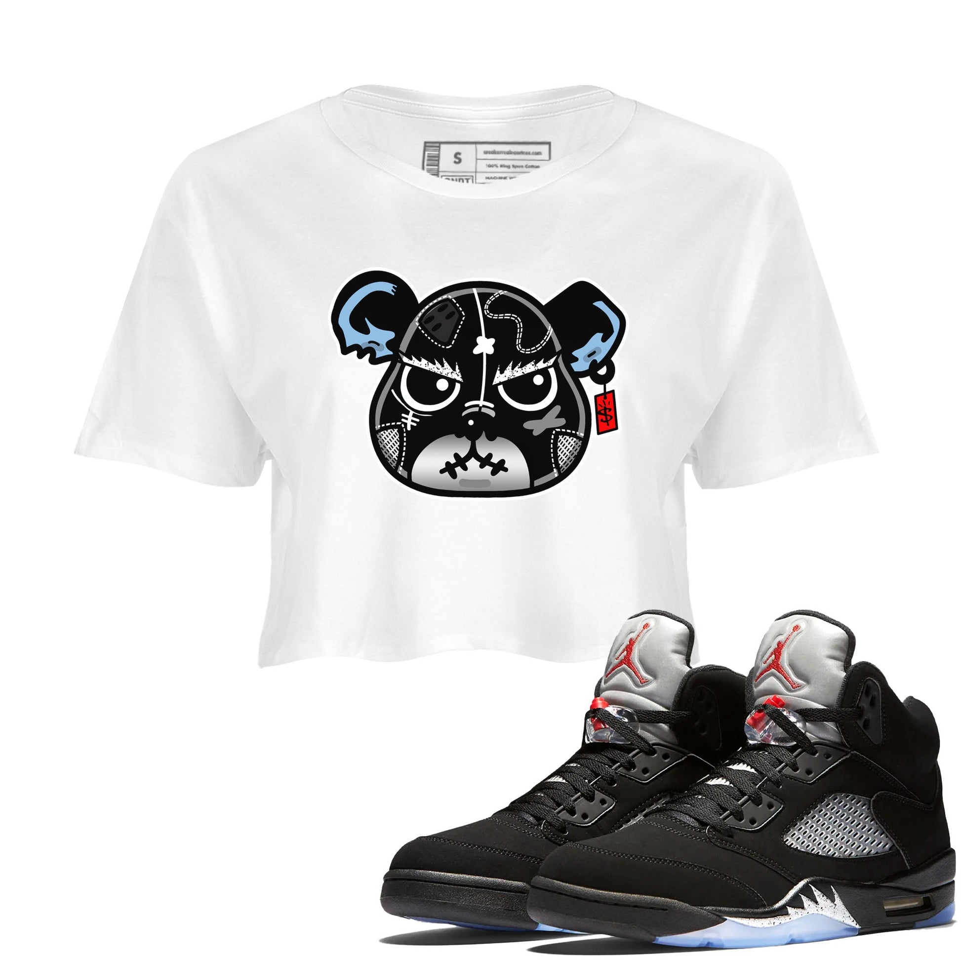 5s Black Metallic Reimagined shirts to match jordans Sneaker Bear Face best t shirts to wear with jordans Air Jordan 5 Reimagined match shoes to clothes SNRT Sneaker Tees unisex cotton White 1 crop tee