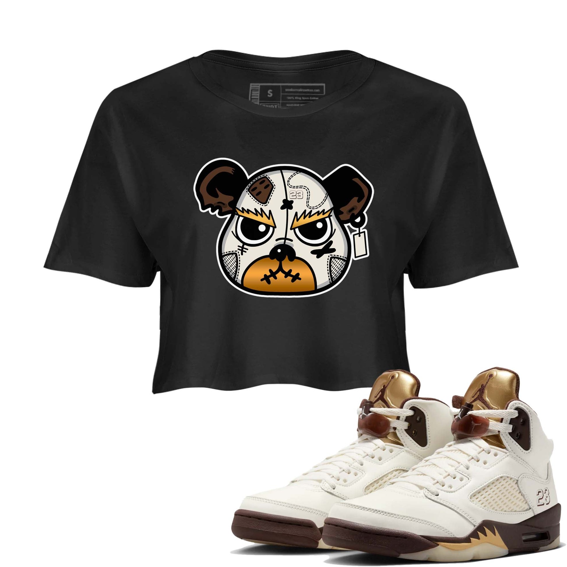 5s Golden Ticket shirts to match jordans  Sneaker Bear Face shirts to match jordans Air Jordan 5 Golden Ticket match shoes to clothes SNRT Sneaker Tees unisex cotton Black 1 crop tee