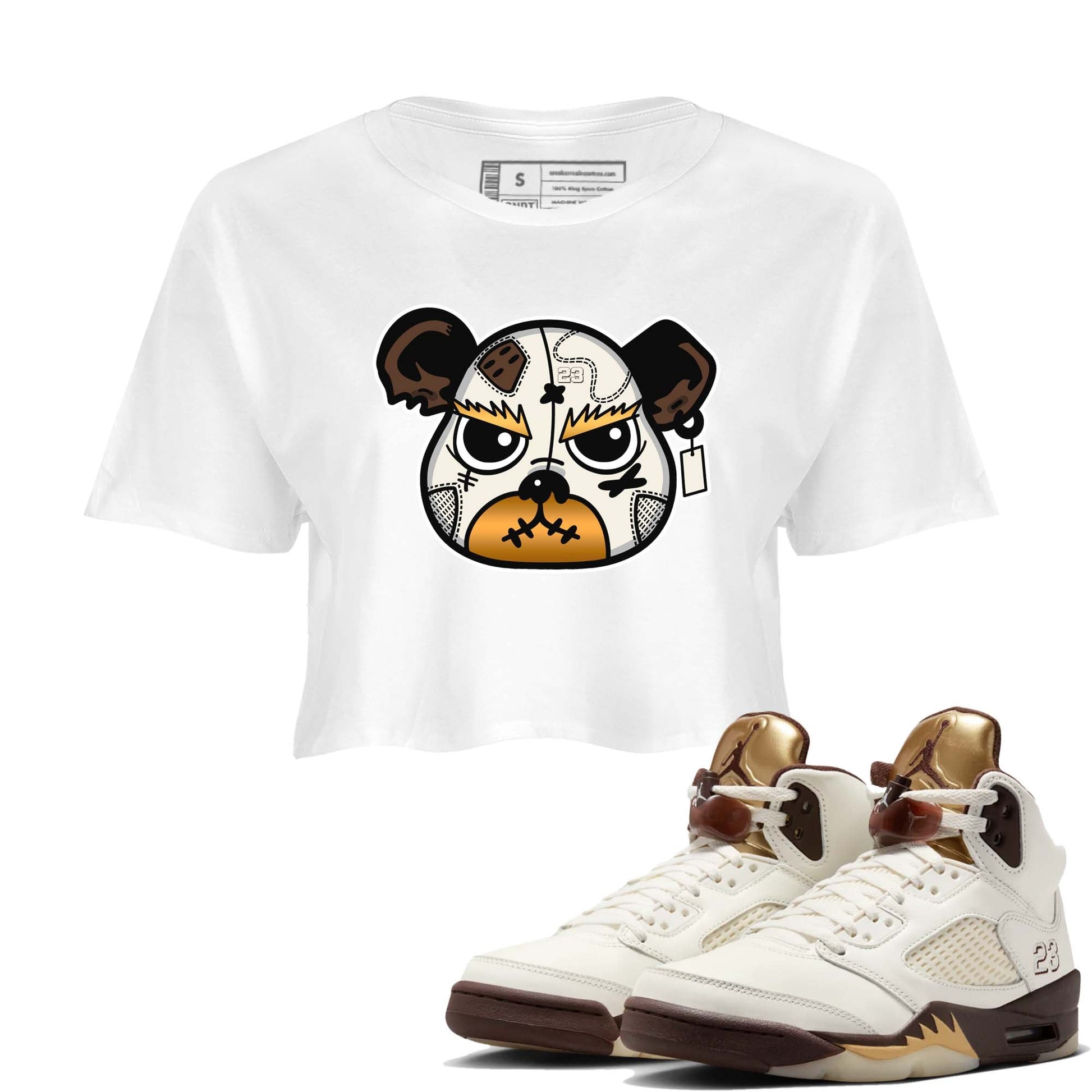5s Golden Ticket shirts to match jordans  Sneaker Bear Face shirts to match jordans Air Jordan 5 Golden Ticket match shoes to clothes SNRT Sneaker Tees unisex cotton White 1 crop tee