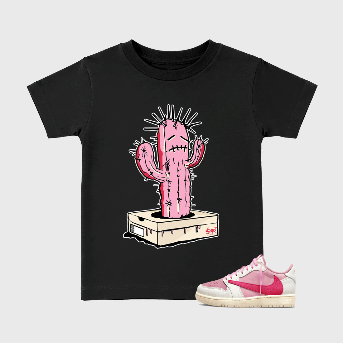 Perfect Sneakerhead Fashion Outfits – Sneaker Tees To Match Air Jordan 1 Low OG x Travis Scott Tropical Pink Shoes – Sneaker Box Cactus Kids Graphic T-Shirt Black 1