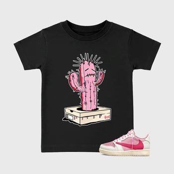 Perfect Sneakerhead Fashion Outfits – Sneaker Tees To Match Air Jordan 1 Low OG x Travis Scott Tropical Pink Shoes – Sneaker Box Cactus Kids Graphic T-Shirt Black 1
