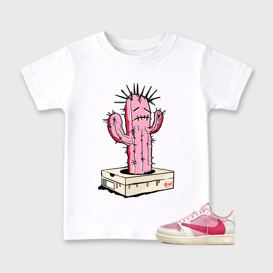 Perfect Sneakerhead Fashion Outfits – Sneaker Tees To Match Air Jordan 1 Low OG x Travis Scott Tropical Pink Shoes – Sneaker Box Cactus Kids Graphic T-Shirt White 1