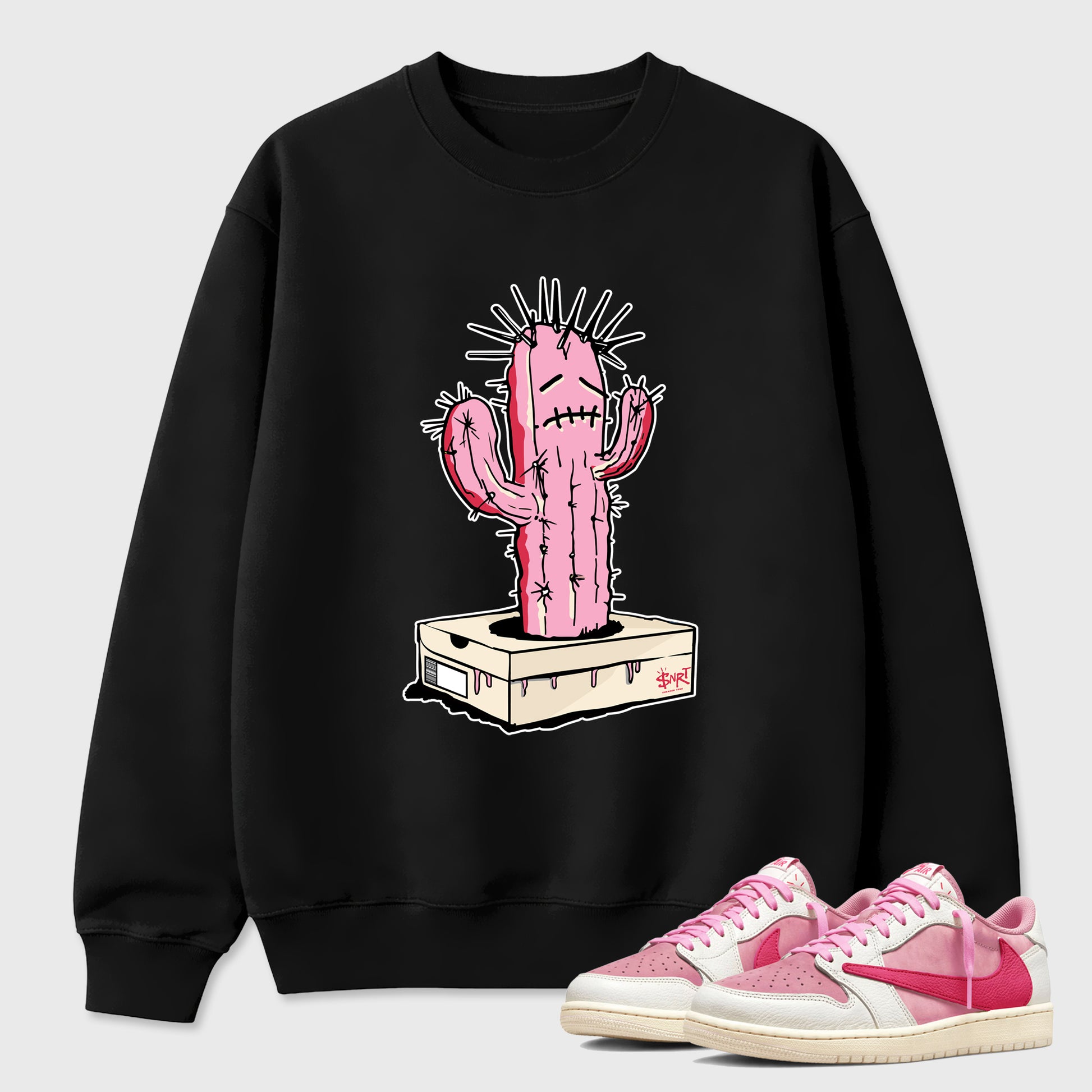 Perfect Sneakerhead Fashion Outfits – Sneaker Tees To Match Air Jordan 1 Low OG x Travis Scott Tropical Pink Shoes – Sneaker Box Cactus Graphic Tee Black 1