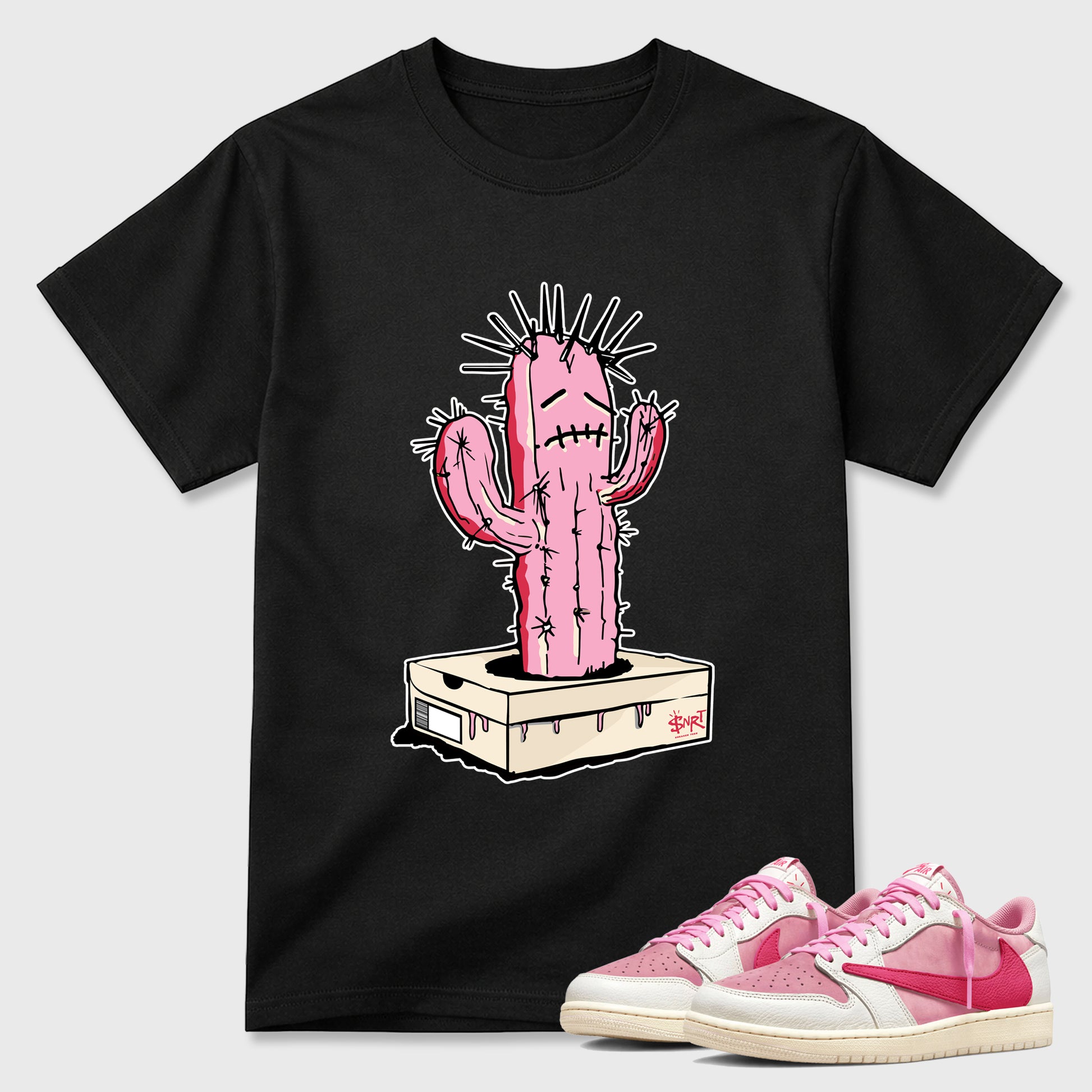 Perfect Sneakerhead Fashion Outfits – Sneaker Tees To Match Air Jordan 1 Low OG x Travis Scott Tropical Pink Shoes – Sneaker Box Cactus Graphic Tee Black 1