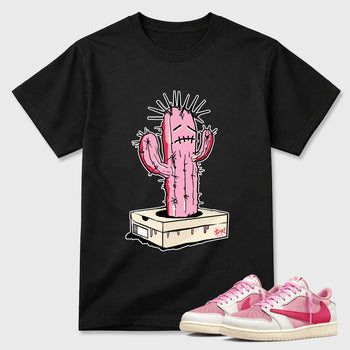 Perfect Sneakerhead Fashion Outfits – Sneaker Tees To Match Air Jordan 1 Low OG x Travis Scott Tropical Pink Shoes – Sneaker Box Cactus Graphic Tee Black 1