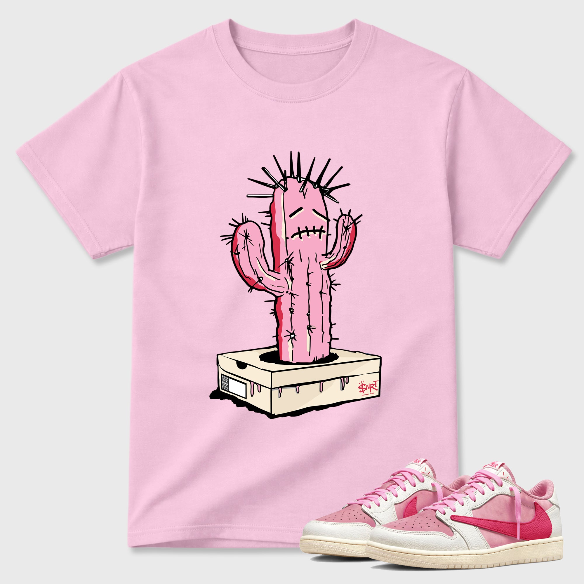 Perfect Sneakerhead Fashion Outfits – Sneaker Tees To Match Air Jordan 1 Low OG x Travis Scott Tropical Pink Shoes – Sneaker Box Cactus Graphic Tee Pink 1
