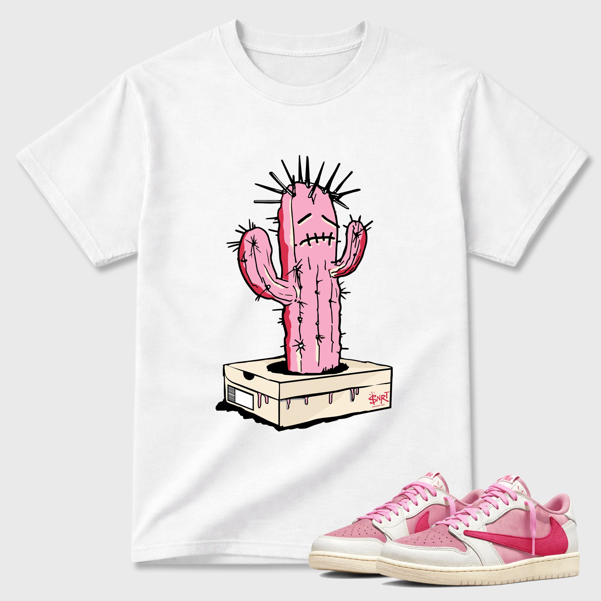 Perfect Sneakerhead Fashion Outfits – Sneaker Tees To Match Air Jordan 1 Low OG x Travis Scott Tropical Pink Shoes – Sneaker Box Cactus Graphic Tee White 1