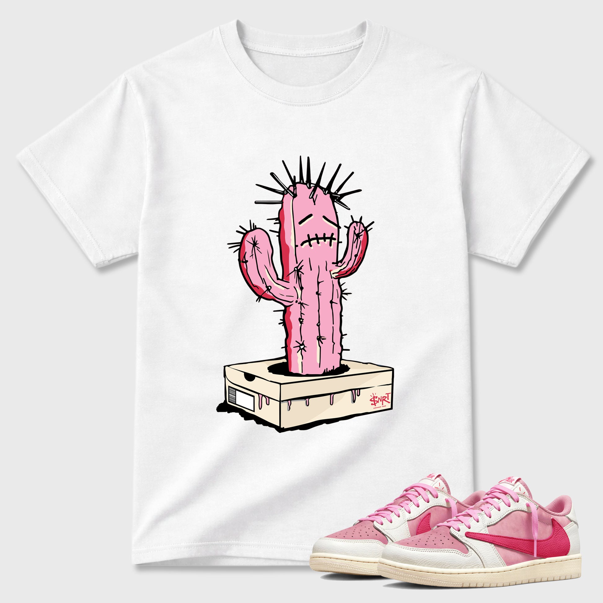 Perfect Sneakerhead Fashion Outfits – Sneaker Tees To Match Air Jordan 1 Low OG x Travis Scott Tropical Pink Shoes – Sneaker Box Cactus Graphic Tee White 1