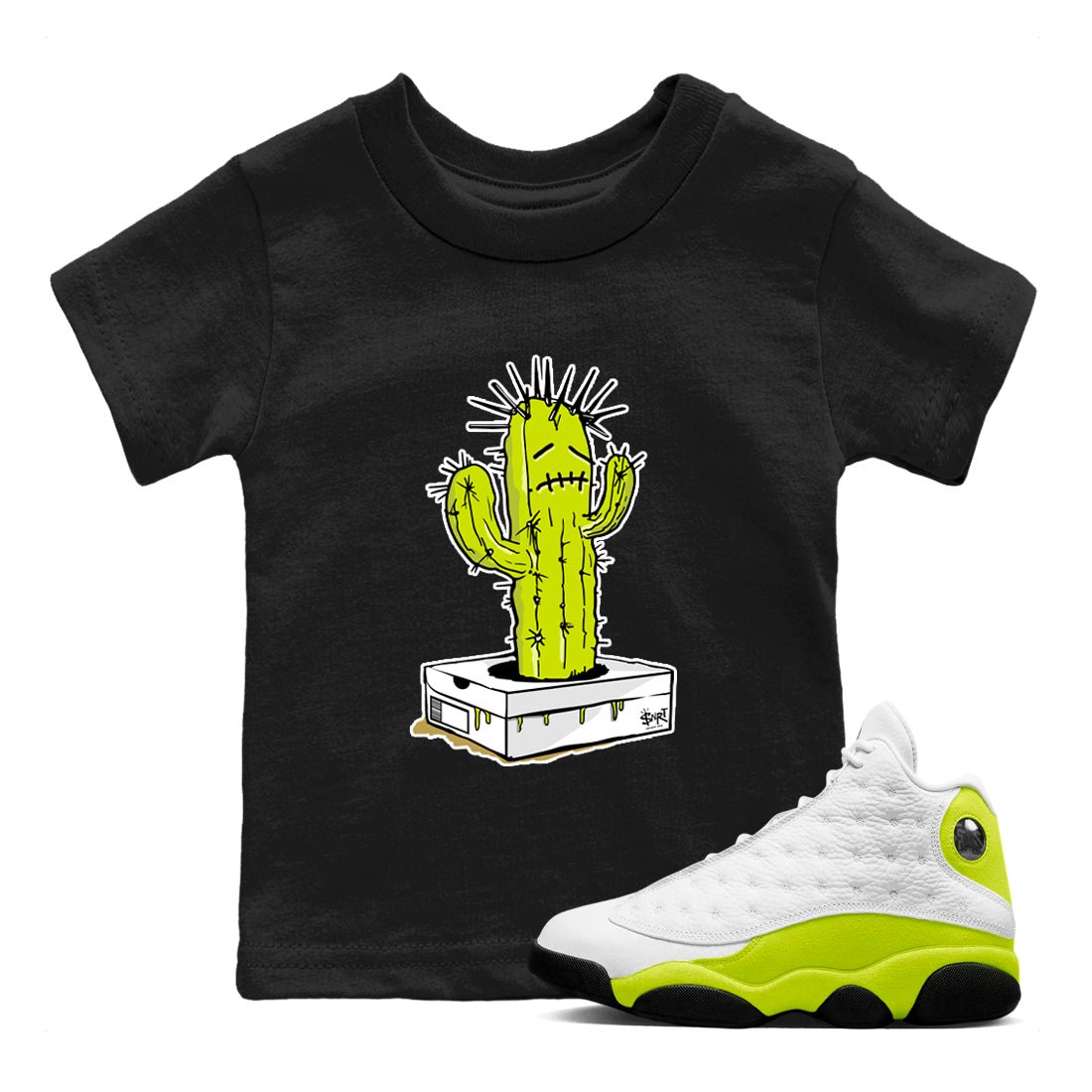 13s Bright Cactus shirts to match jordans Sneaker Box Cactus sneaker match tees AJ 13 Bright Cactus match shoes to clothes SNRT Sneaker Tees Youth Baby Black 1 tee