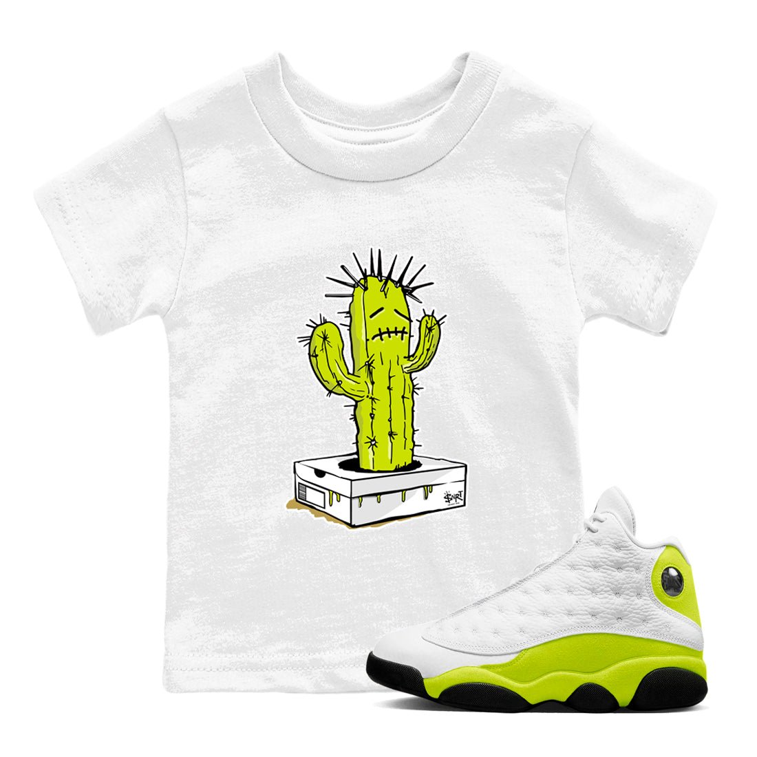 13s Bright Cactus shirts to match jordans Sneaker Box Cactus sneaker match tees AJ 13 Bright Cactus match shoes to clothes SNRT Sneaker Tees Youth Baby White 1 tee