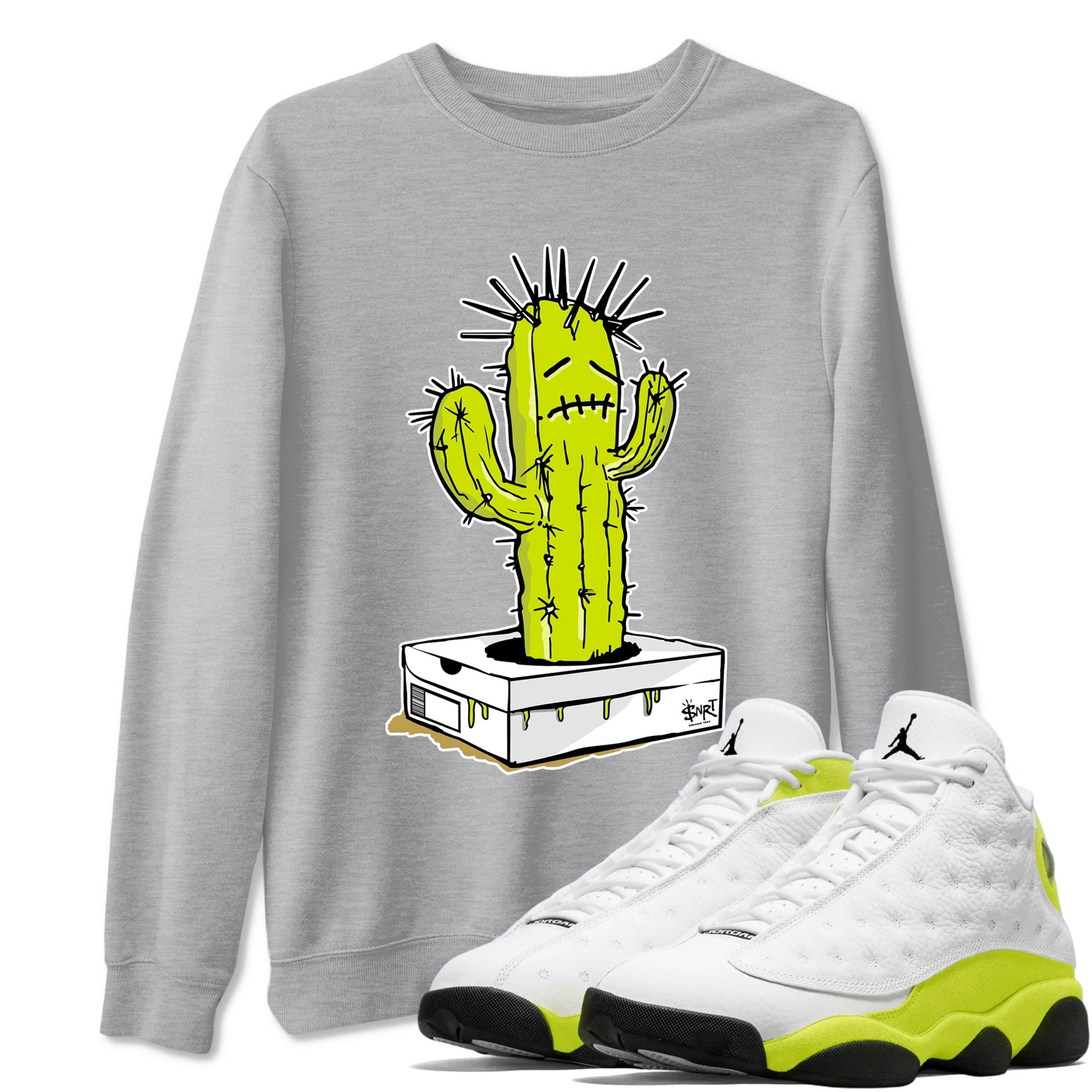 13s Bright Cactus shirts to match jordans Sneaker Box Cactus sneaker match tees AJ 13 Bright Cactus match shoes to clothes SNRT Sneaker Tees unisex cotton Heather Grey 1 shirts