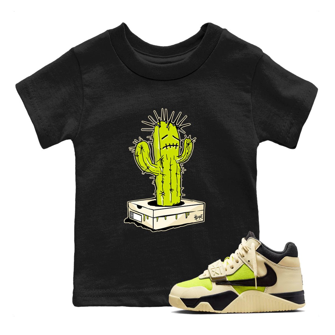 Sneaker Box Cactus baby and kids t-shirt crafted for little sneakerheads to shine with the Jordan Jumpman Jack Travis Scott Bright Cactus sneakers, displayed in Black 1.
