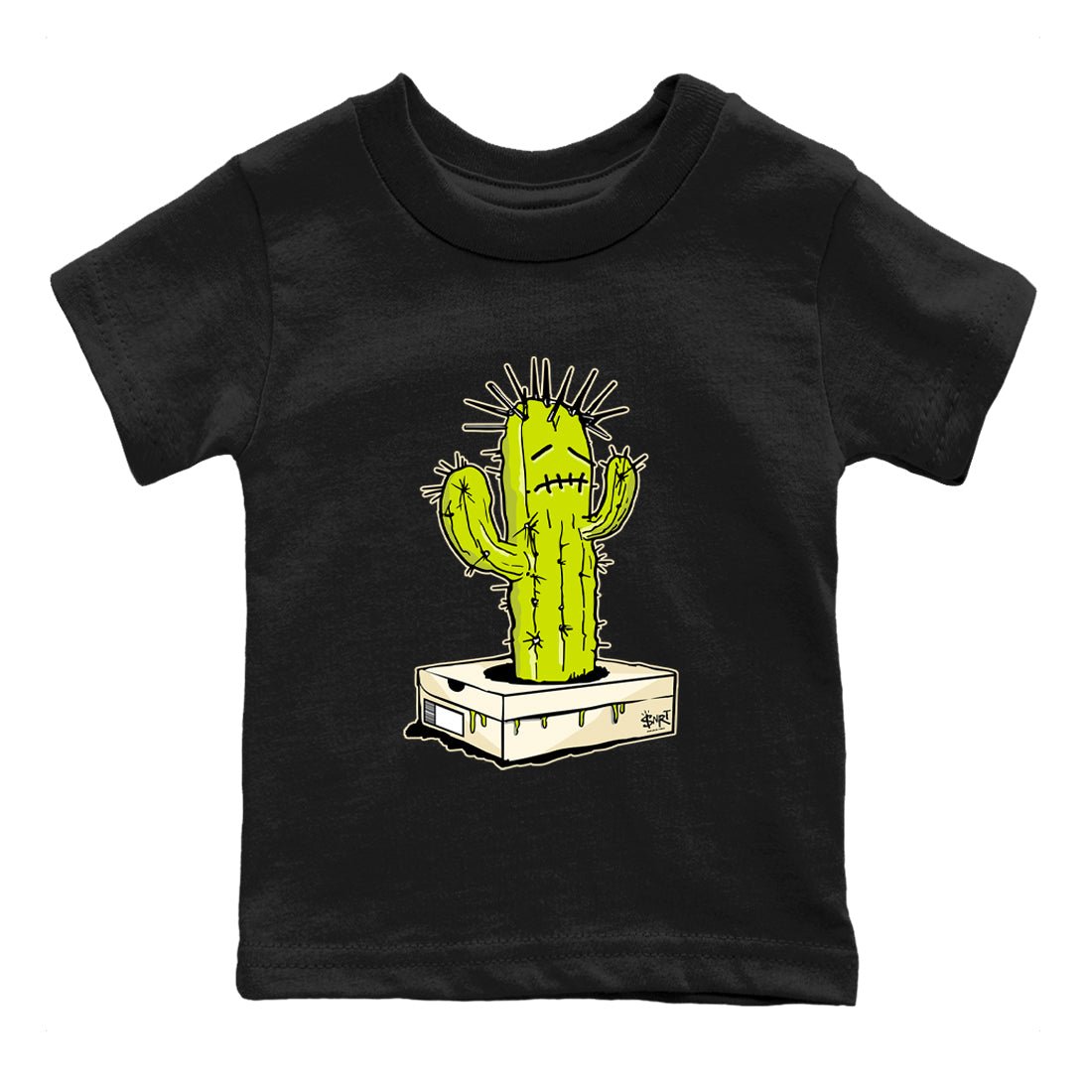 Sneaker Box Cactus baby and kids t-shirt crafted for little sneakerheads to shine with the Jordan Jumpman Jack Travis Scott Bright Cactus sneakers, displayed in Black 2.
