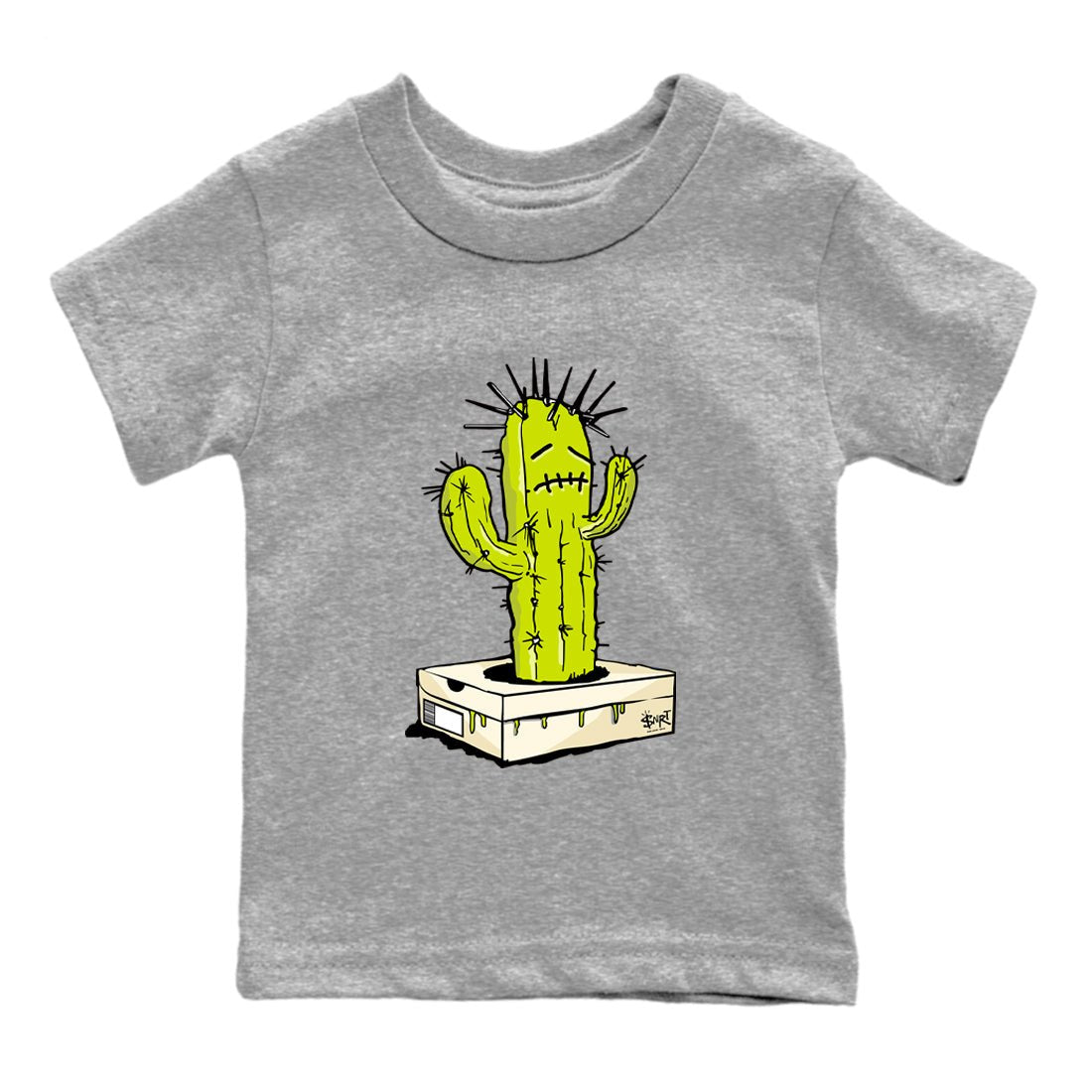 Sneaker Box Cactus baby and kids t-shirt crafted for little sneakerheads to shine with the Jordan Jumpman Jack Travis Scott Bright Cactus sneakers, displayed in Heather Grey 2.