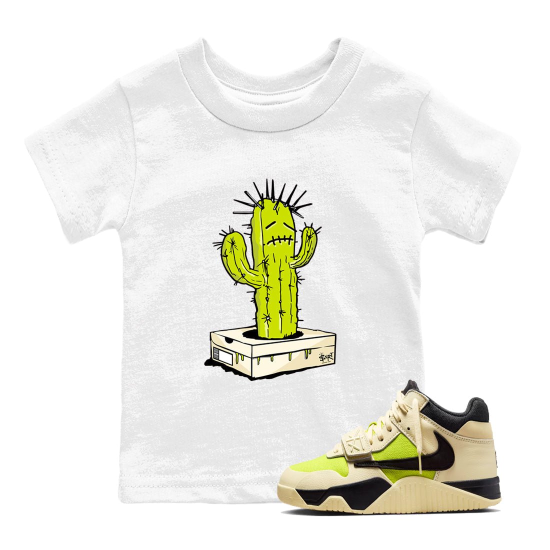 Sneaker Box Cactus baby and kids t-shirt crafted for little sneakerheads to shine with the Jordan Jumpman Jack Travis Scott Bright Cactus sneakers, displayed in White 1.