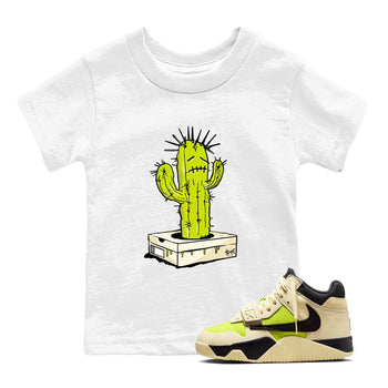 Sneaker Box Cactus baby and kids t-shirt crafted for little sneakerheads to shine with the Jordan Jumpman Jack Travis Scott Bright Cactus sneakers, displayed in White 1.