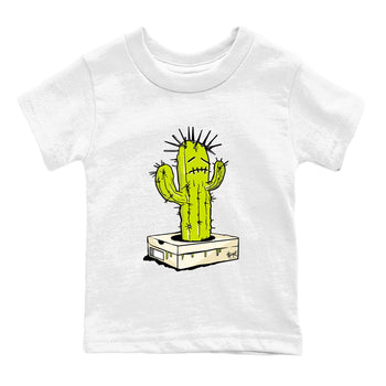 Sneaker Box Cactus baby and kids t-shirt crafted for little sneakerheads to shine with the Jordan Jumpman Jack Travis Scott Bright Cactus sneakers, displayed in White 2.
