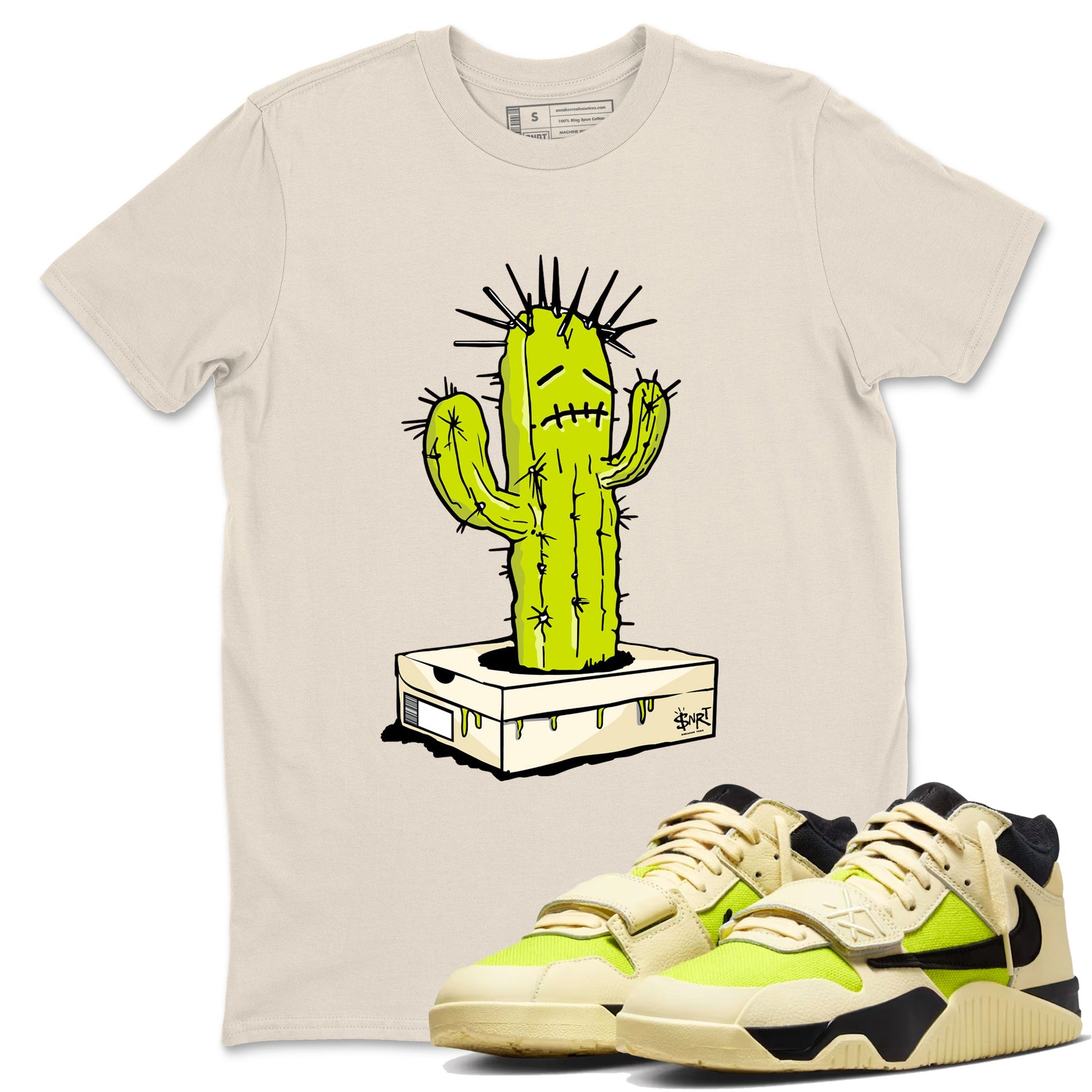 Sneaker Box Cactus sneaker match t-shirt styled to complete your fit with the Jordan Jumpman Jack Travis Scott Bright Cactus sneakers, shown in Natural 1.