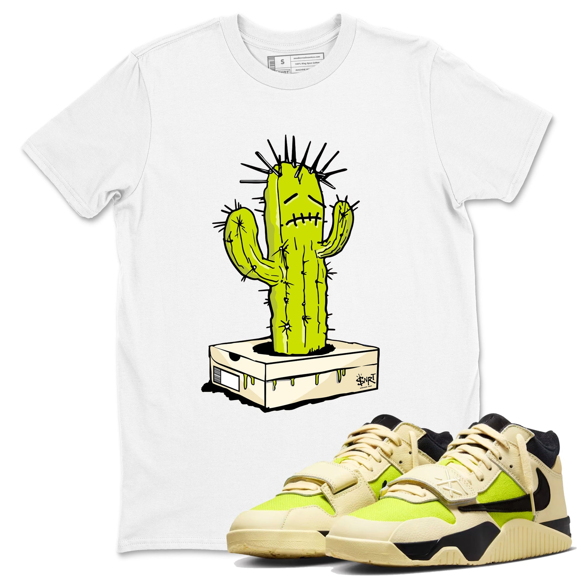 Sneaker Box Cactus sneaker match t-shirt styled to complete your fit with the Jordan Jumpman Jack Travis Scott Bright Cactus sneakers, shown in White 1.