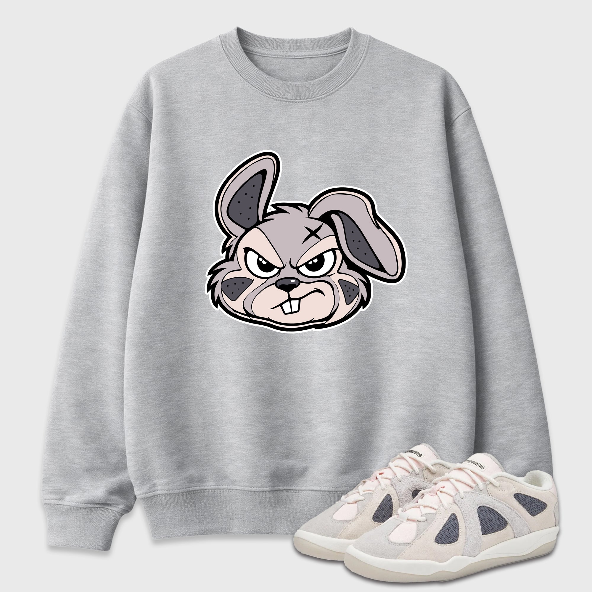 Sneaker Bunny Face Graphic T-Shirt featuring original streetwear artwork designed to match the Badbo 1.0 Chalk White Pink. Heather Grey 1 Graphic Tee.