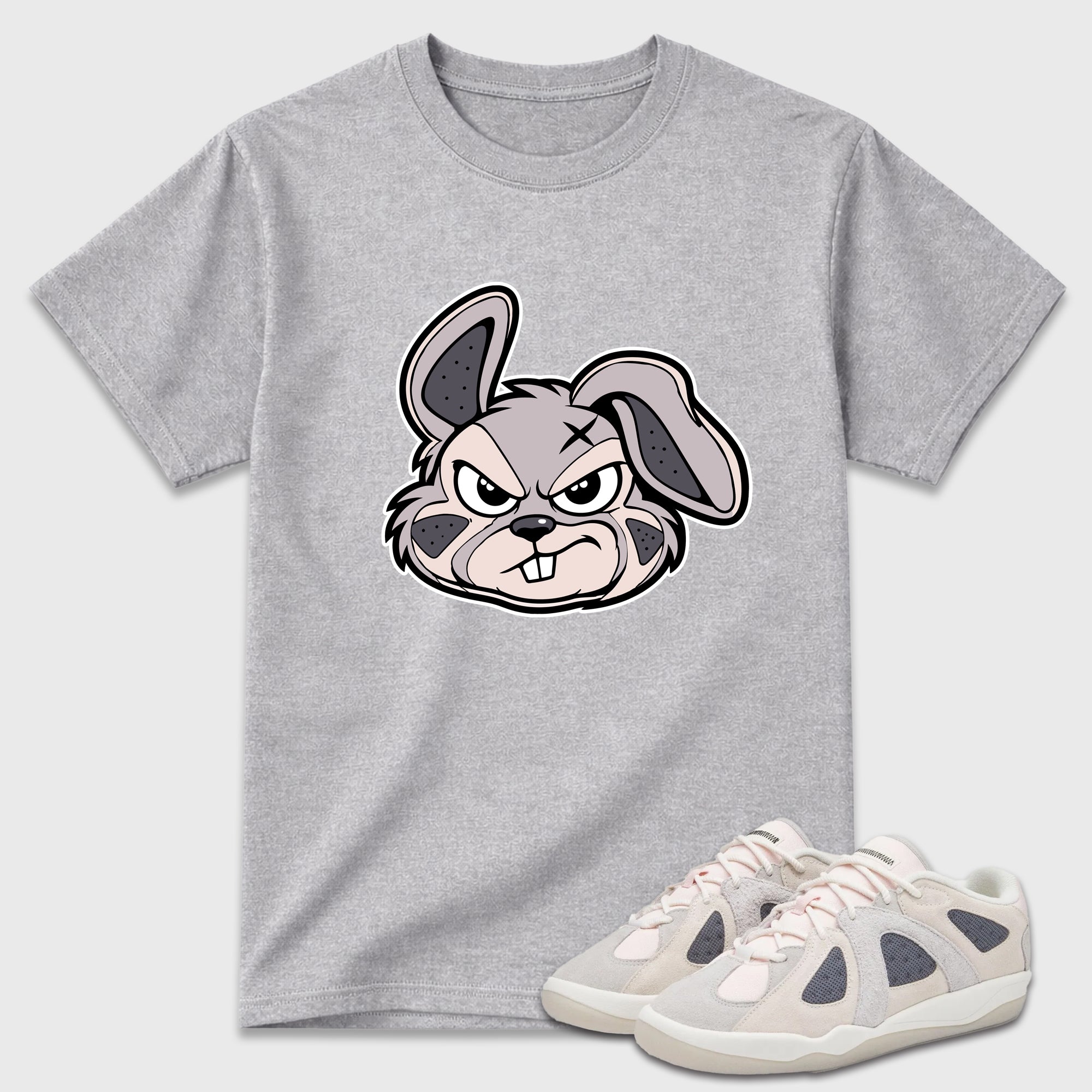 Sneaker Bunny Face Graphic T-Shirt featuring original streetwear artwork designed to match the Badbo 1.0 Chalk White Pink. Heather Grey 1 Graphic T-Shirt.