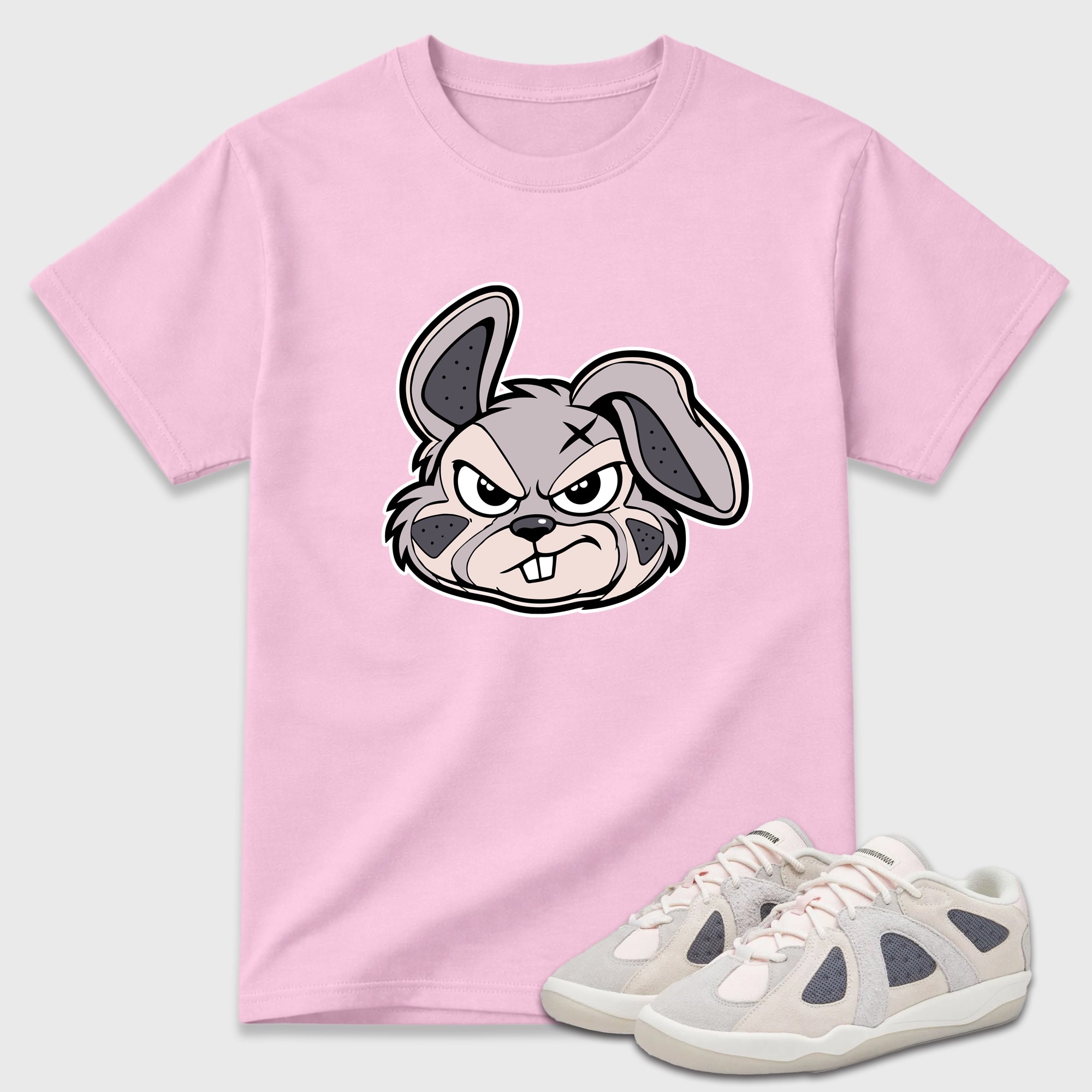 Sneaker Bunny Face Graphic T-Shirt featuring original streetwear artwork designed to match the Badbo 1.0 Chalk White Pink. Pink 1 Graphic T-Shirt.