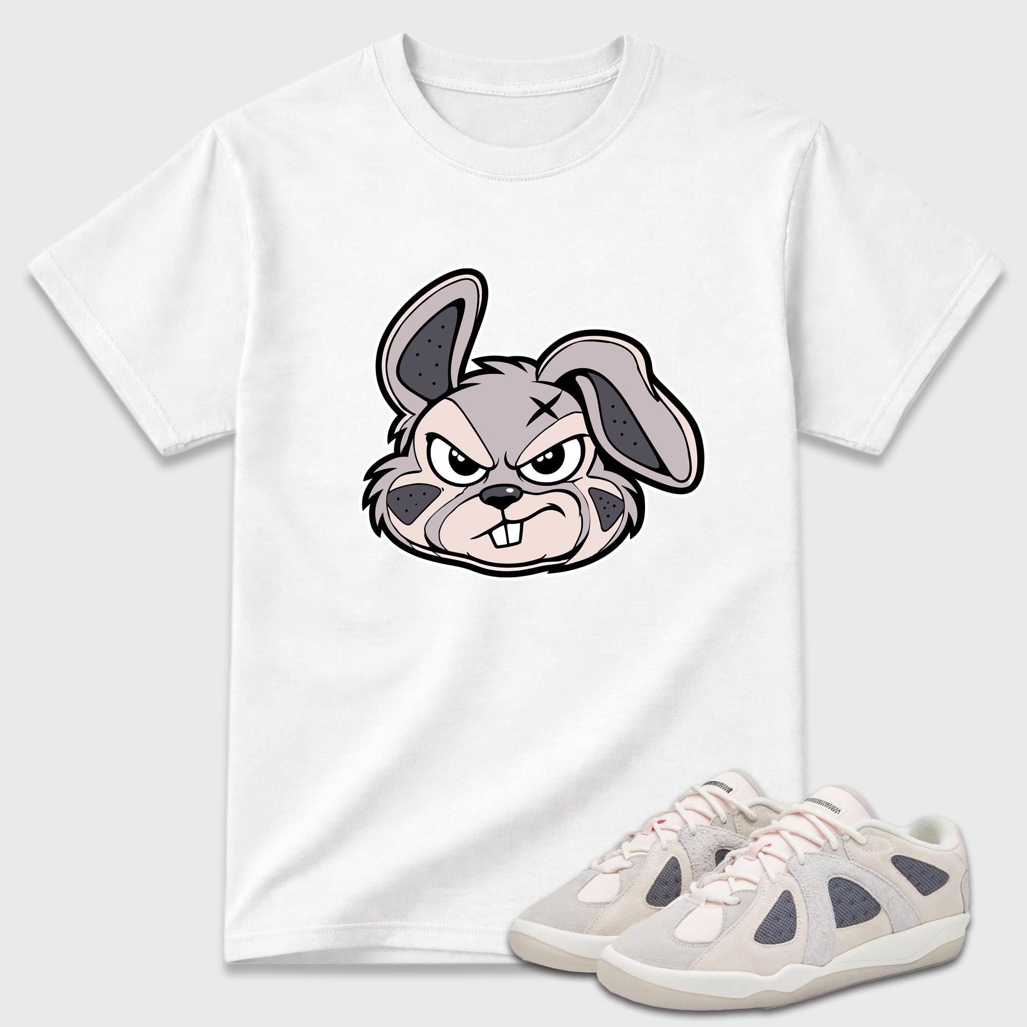 Sneaker Bunny Face Graphic T-Shirt featuring original streetwear artwork designed to match the Badbo 1.0 Chalk White Pink. White 1 Graphic T-Shirt.