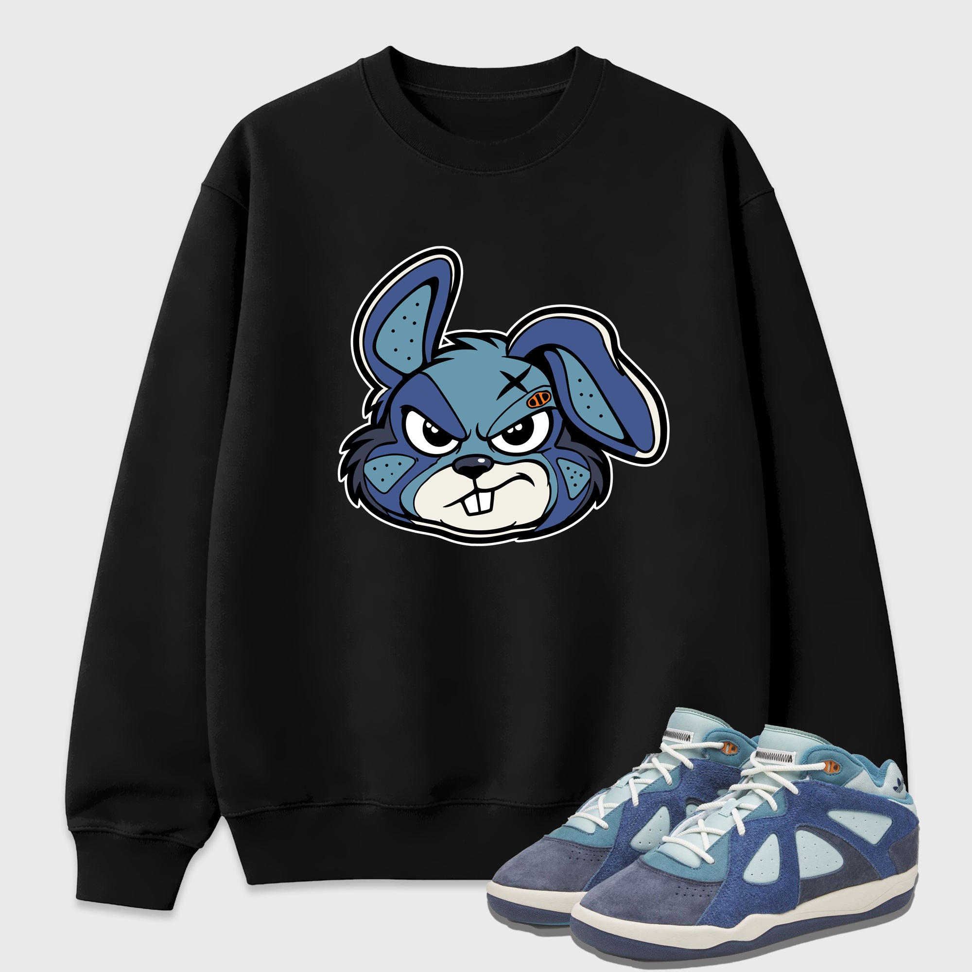 Sneaker Bunny Face Graphic T-Shirt featuring original streetwear artwork designed to match the Badbo 1.0 Night Navy. Black 1 Graphic Tee.