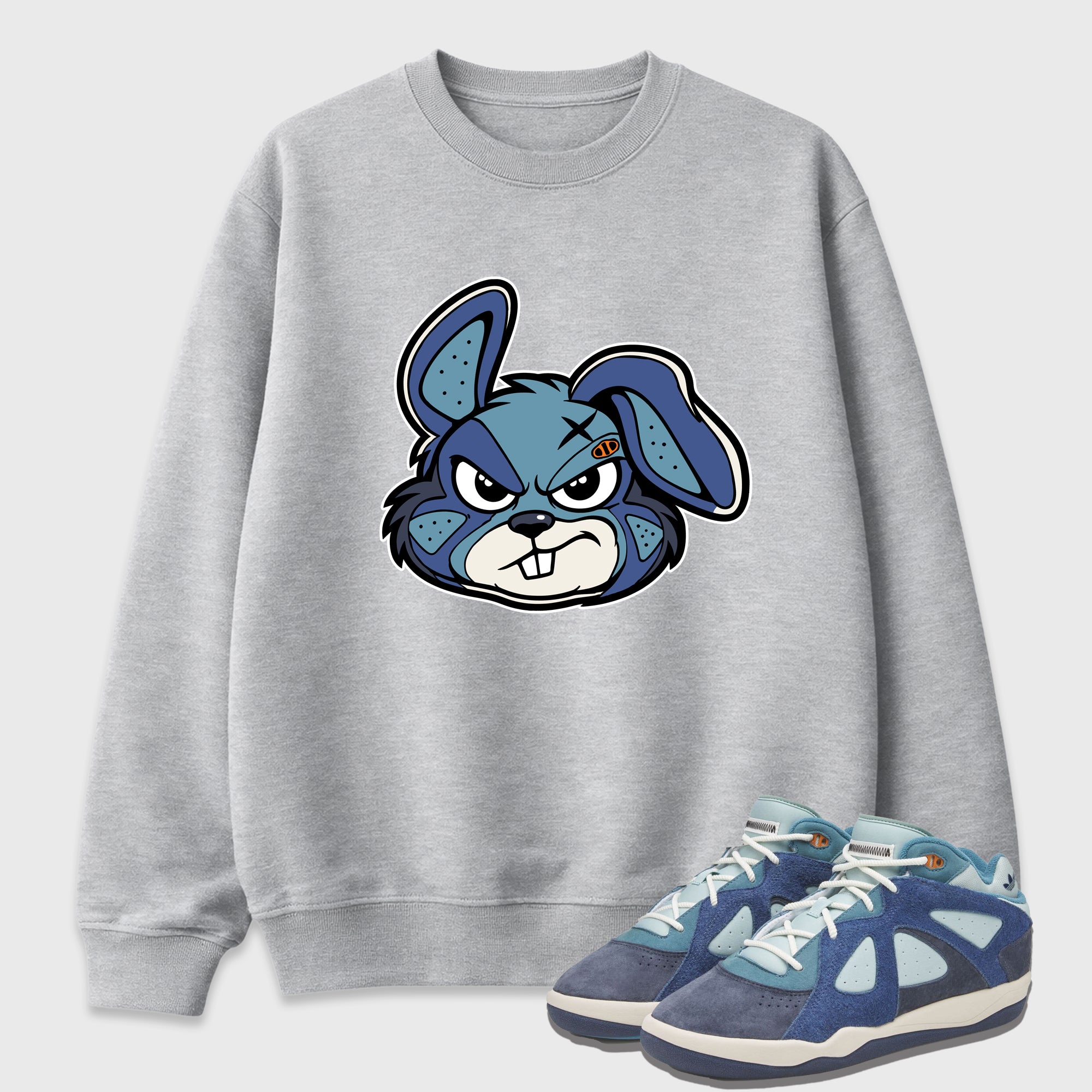Sneaker Bunny Face Graphic T-Shirt featuring original streetwear artwork designed to match the Badbo 1.0 Night Navy. Heather Grey 1 Graphic Tee.