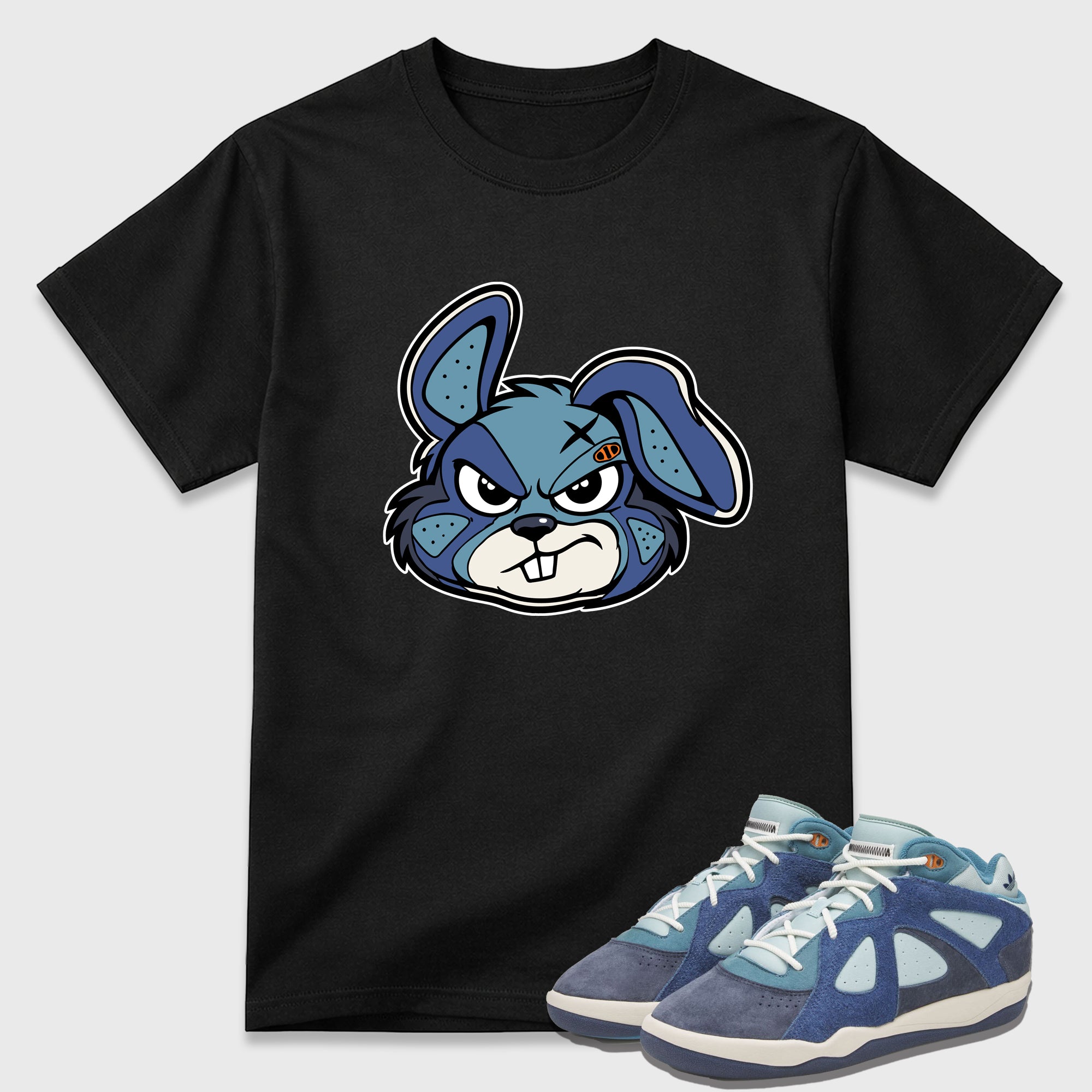 Sneaker Bunny Face Graphic T-Shirt featuring original streetwear artwork designed to match the Badbo 1.0 Night Navy. Black 1 Graphic T-Shirt.