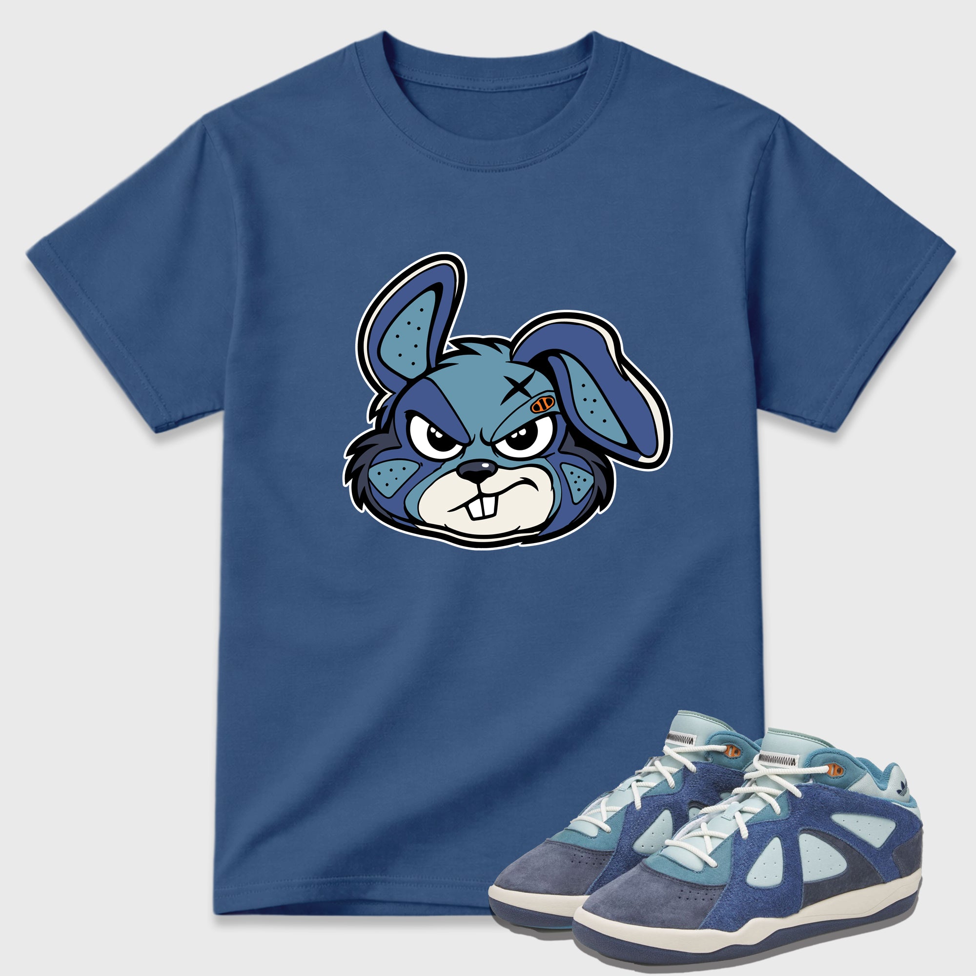 Sneaker Bunny Face Graphic T-Shirt featuring original streetwear artwork designed to match the Badbo 1.0 Night Navy. Denim Blue 1 Graphic T-Shirt.