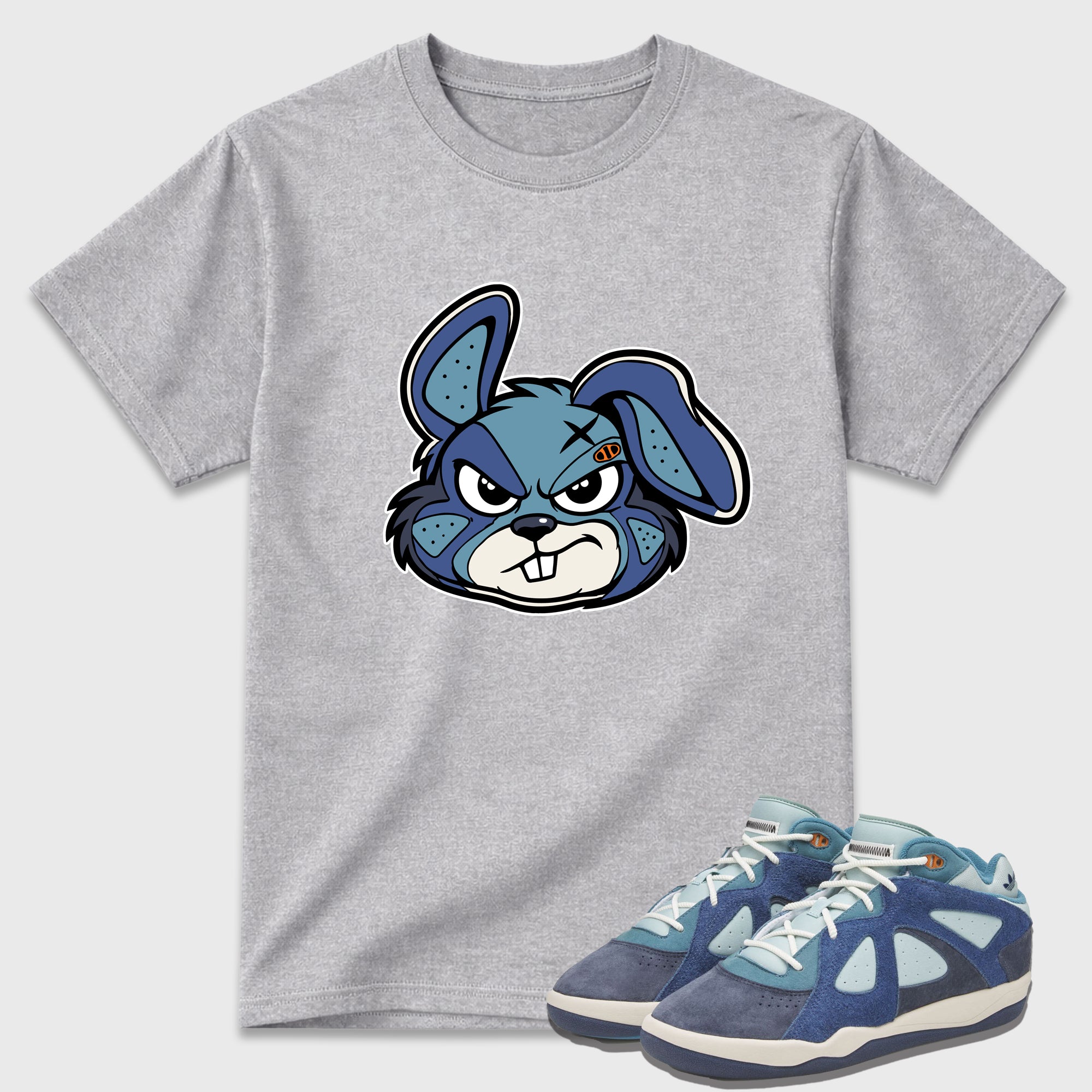 Sneaker Bunny Face Graphic T-Shirt featuring original streetwear artwork designed to match the Badbo 1.0 Night Navy. Heather Grey 1 Graphic T-Shirt.