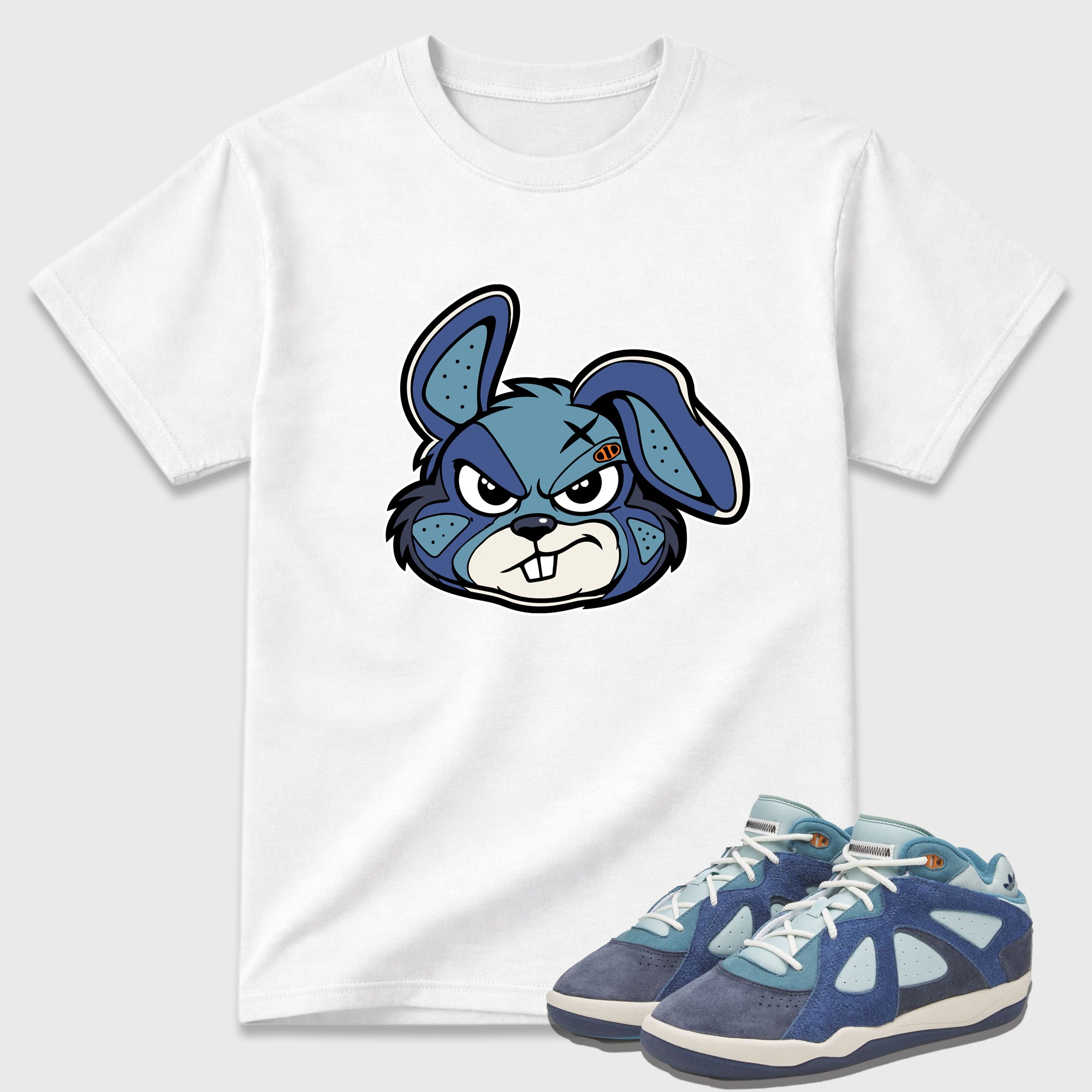Sneaker Bunny Face Graphic T-Shirt featuring original streetwear artwork designed to match the Badbo 1.0 Night Navy. White 1 Graphic T-Shirt.