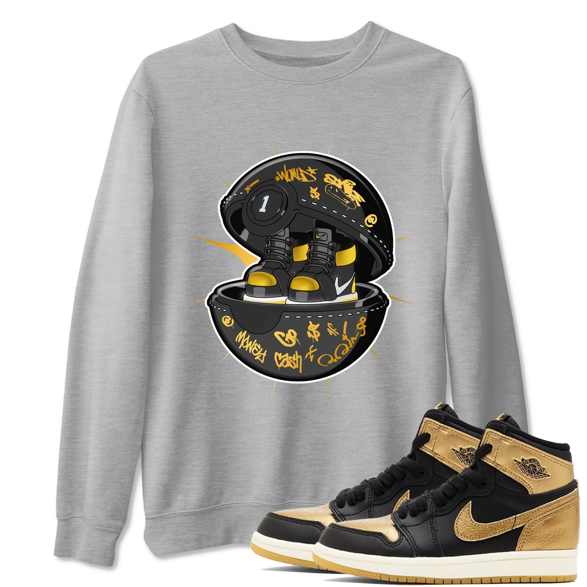 1s Black Metallic Gold shirts to match jordans Sneaker Capsule sneaker match tees Jordan 1 High OG Black and Gold SNRT Sneaker Tees streetwear brand Heather Grey 1 unisex cotton tee