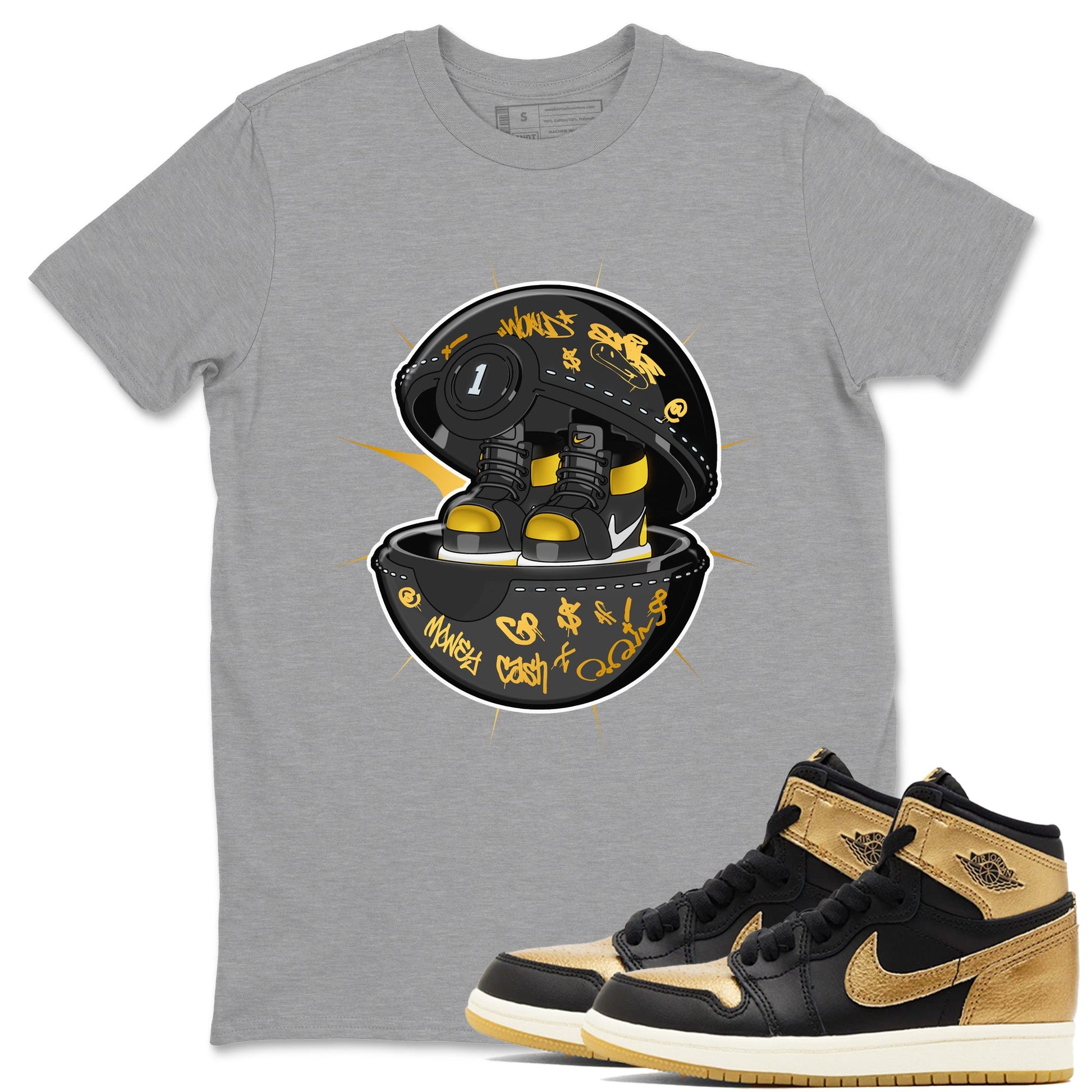 1s Black Metallic Gold shirts to match jordans Sneaker Capsule sneaker match tees Jordan 1 High OG Black and Gold SNRT Sneaker Tees streetwear brand Heather Grey 1 unisex cotton tee