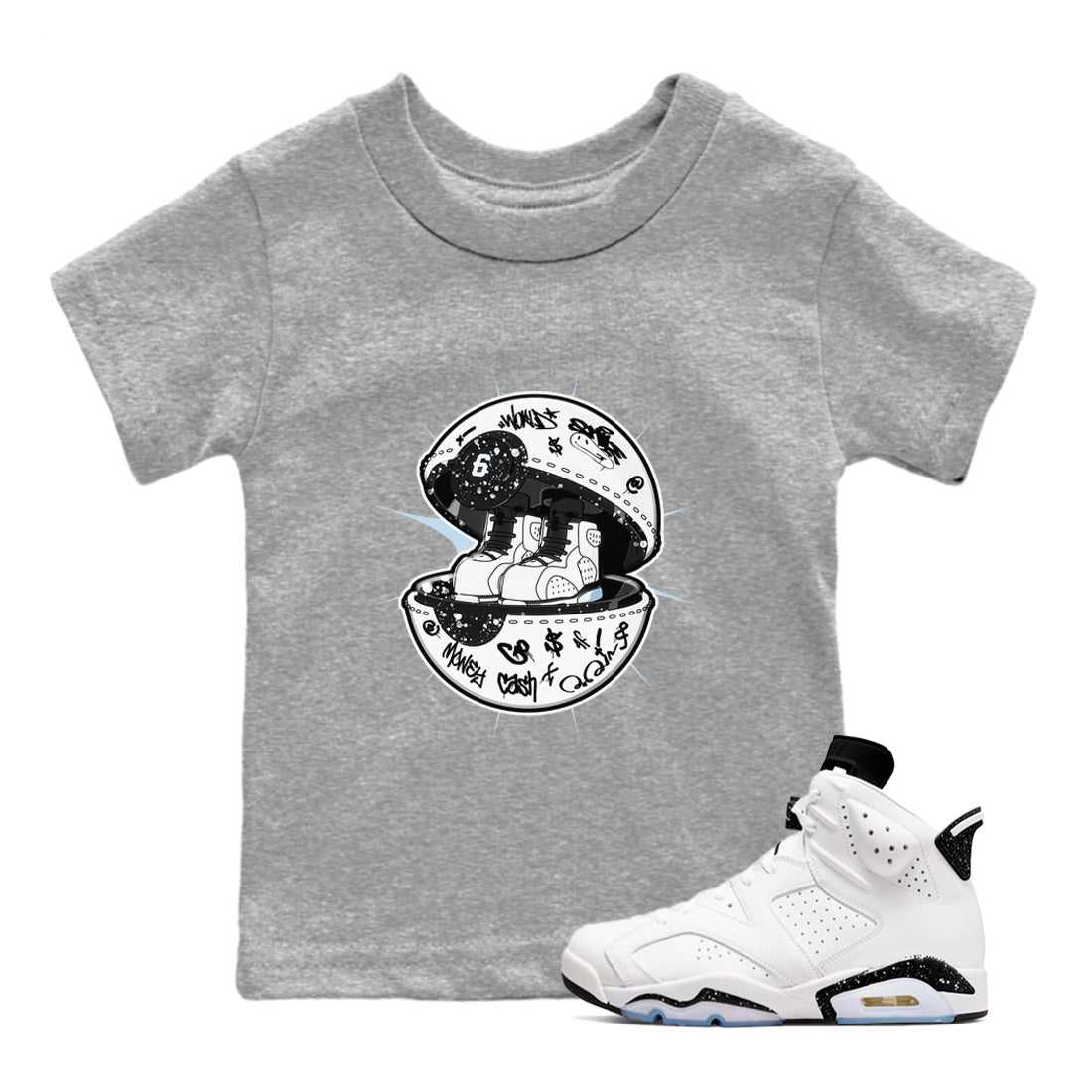 AJ6 White Black shirts to match jordans Sneaker Capsule sneaker match tees Air Jordan 6 White Black SNRT Sneaker Tees streetwear brand Baby and Youth Heather Grey 1 cotton tee