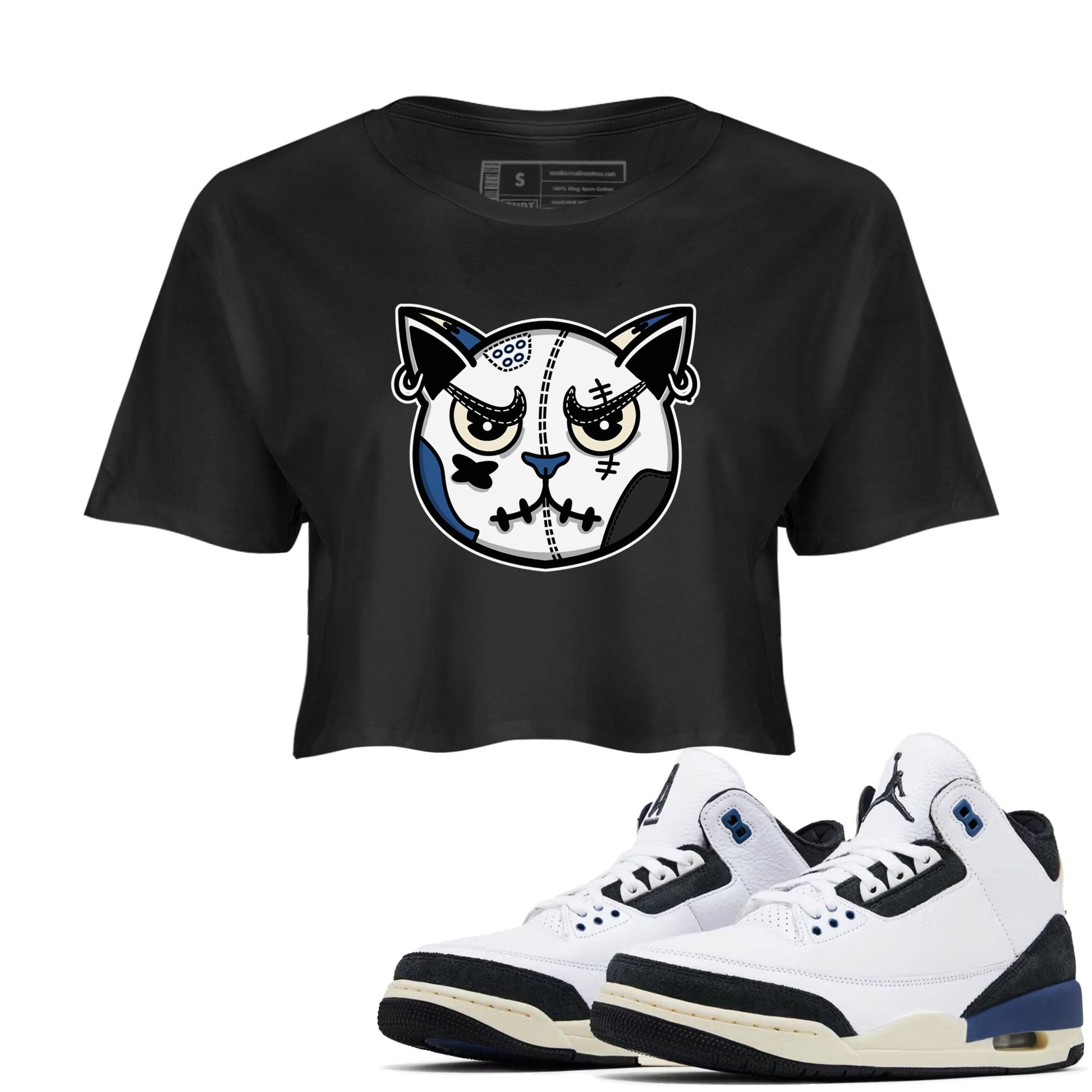 3s For The Love to match jordans Sneaker Cat Face sneaker match tees A Ma Maniere x Air Jordan 3 Diffused Blue match shoes to clothes SNRT Sneaker Tees unisex cotton Black 1 crop tee